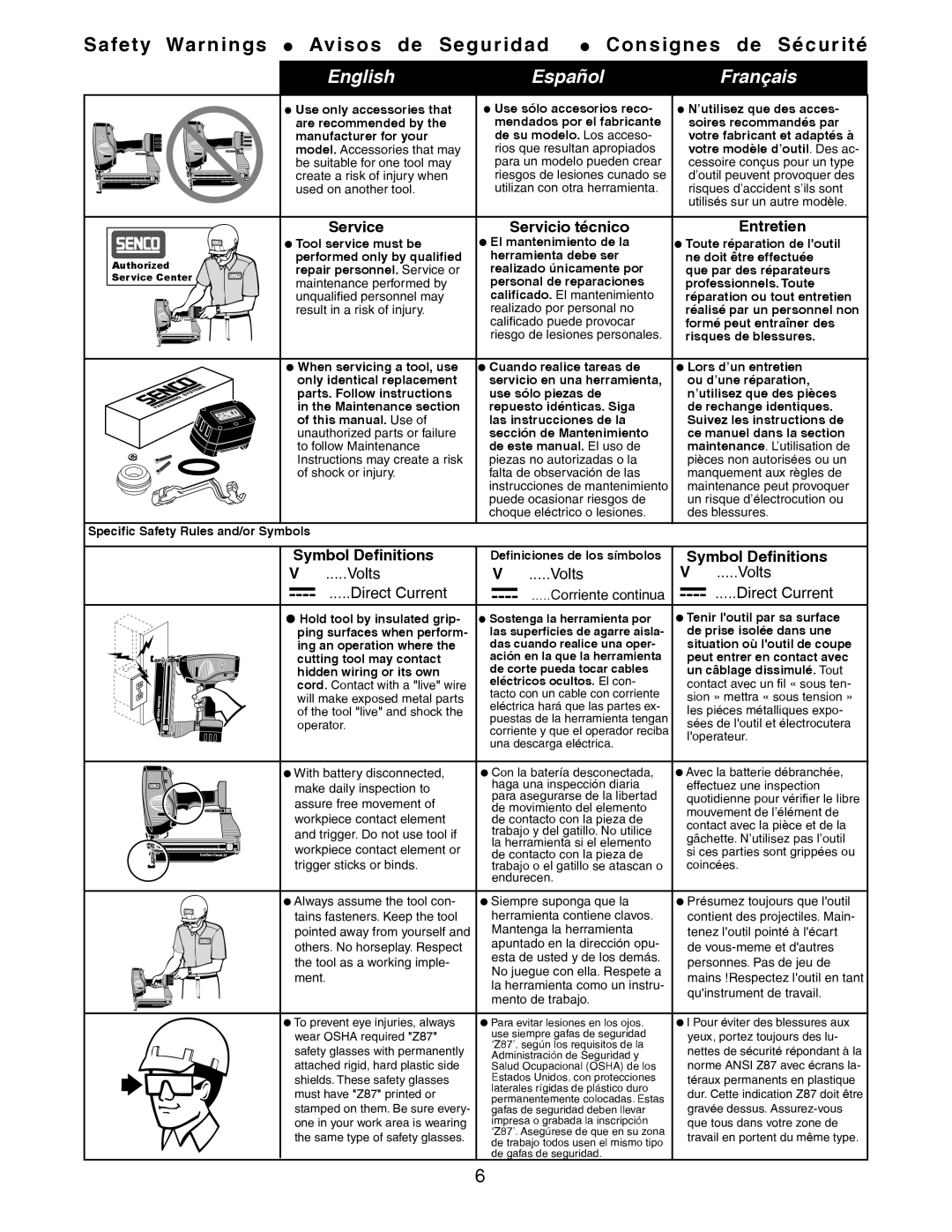 Senco 32 operating instructions Service, Servicio técnico Entretien, Symbol Definitions, Volts 