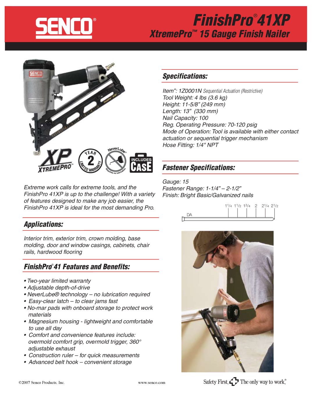 Senco specifications FinishPro41XP, XtremePro 15 Gauge Finish Nailer, Applications Specifications 