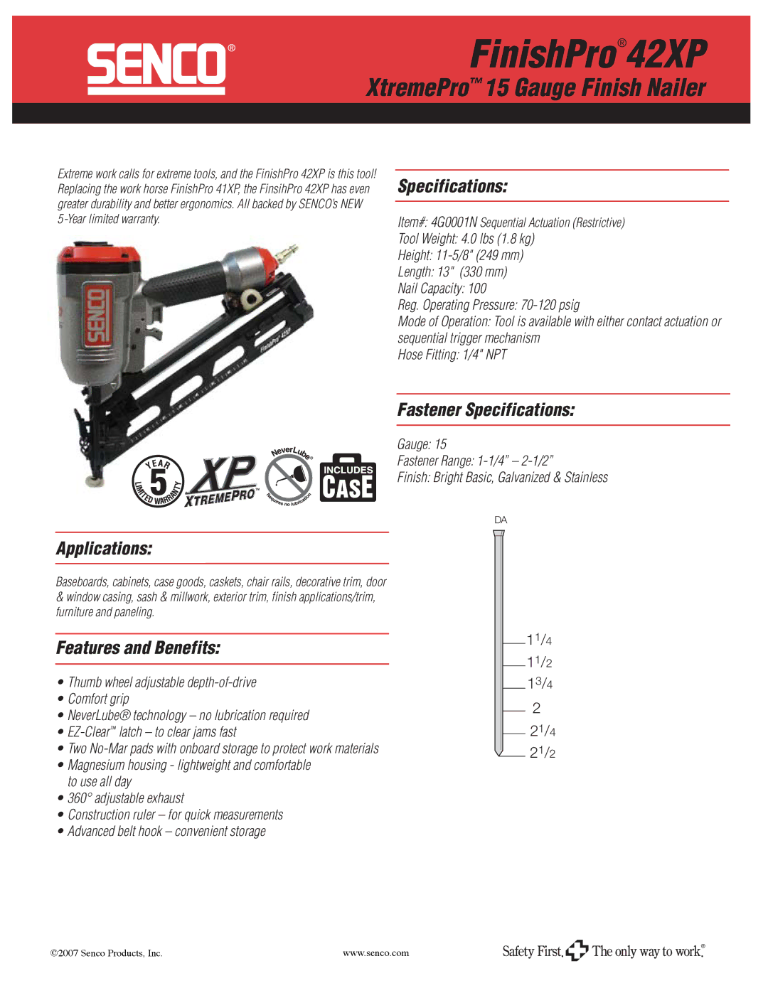 Senco specifications FinishPro42XP, XtremePro 15 Gauge Finish Nailer 