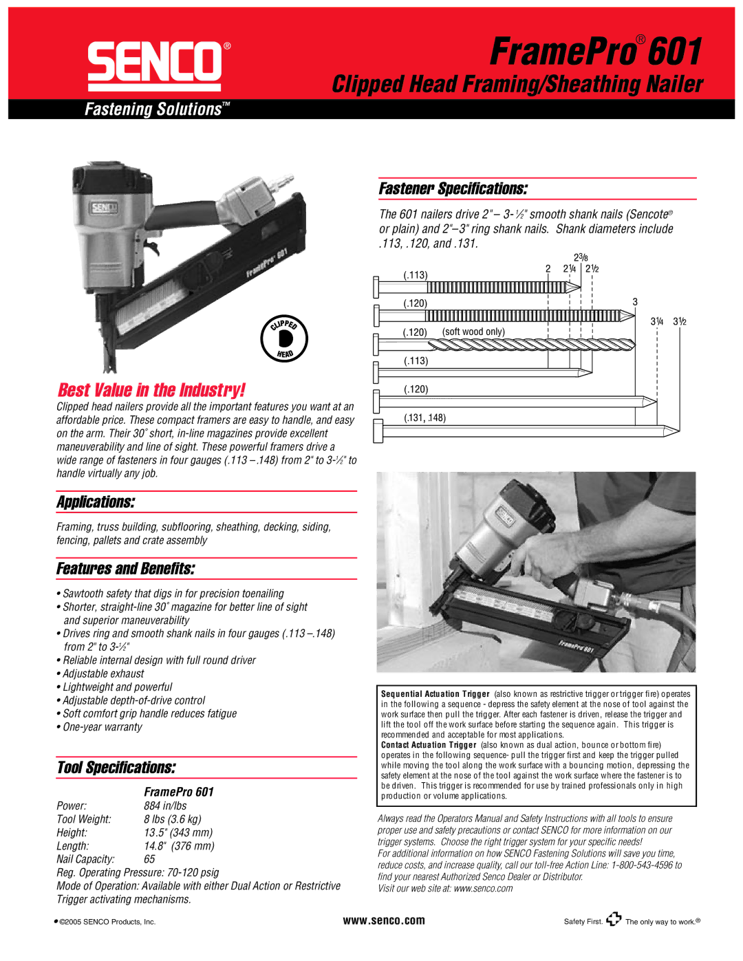 Senco 601 specifications Applications, Features and Beneﬁts, Tool Speciﬁcations, Fastener Speciﬁcations 