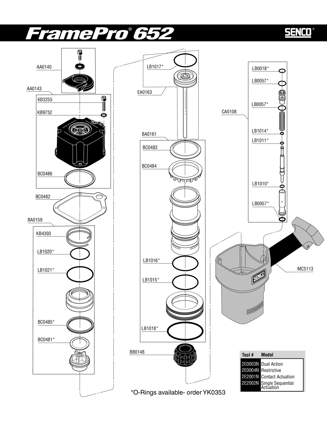 Senco 652 manual FramePro, Rings available- order YK0353 