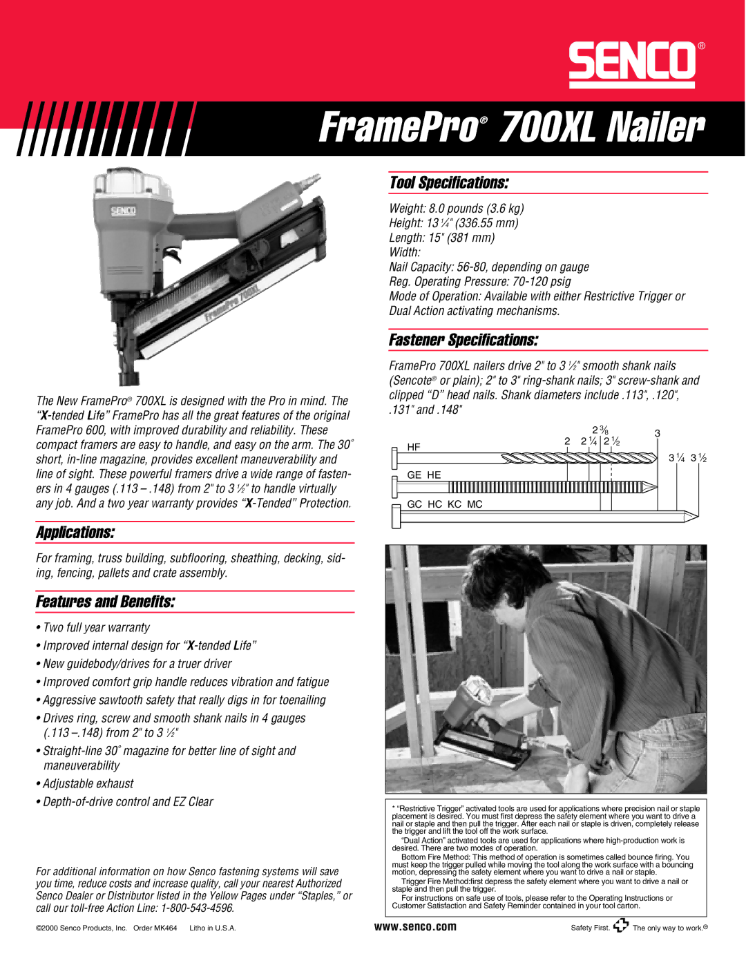 Senco specifications FramePro 700XL Nailer, Applications, Features and Beneﬁts, Tool Speciﬁcations 