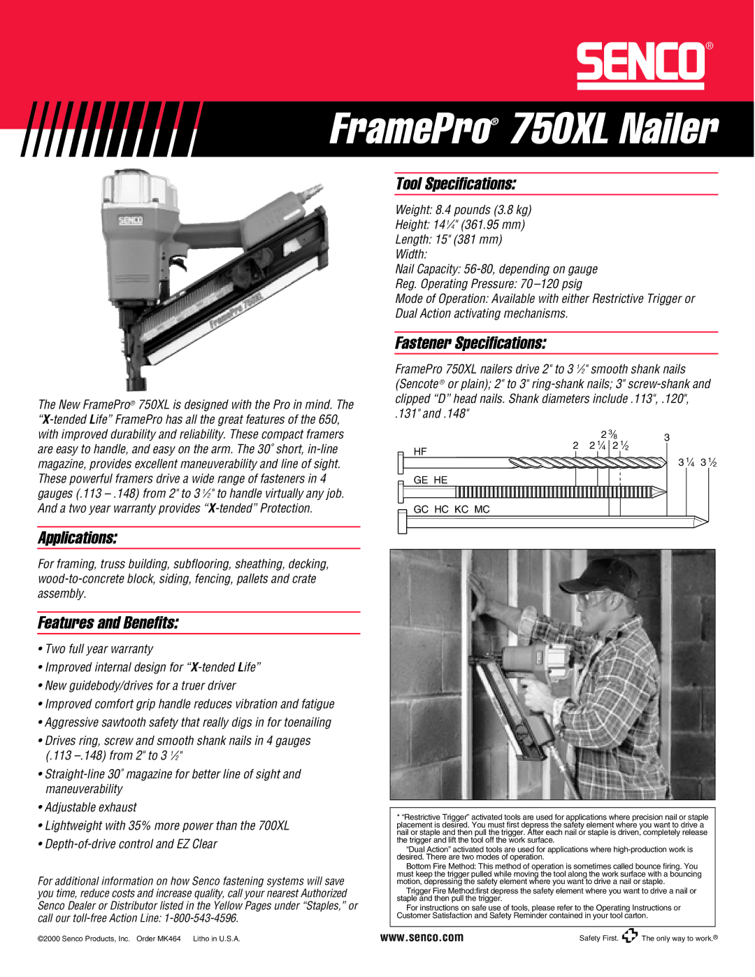 Senco 700XL specifications FramePro 750XL Nailer, Applications Tool Speciﬁcations 