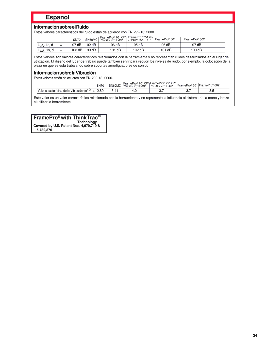 Senco 600 Series Estos valores están de acuardo con EN 792-13, Technology Covered by U.S. Patent Nos ,679,719 & 5,732,870 