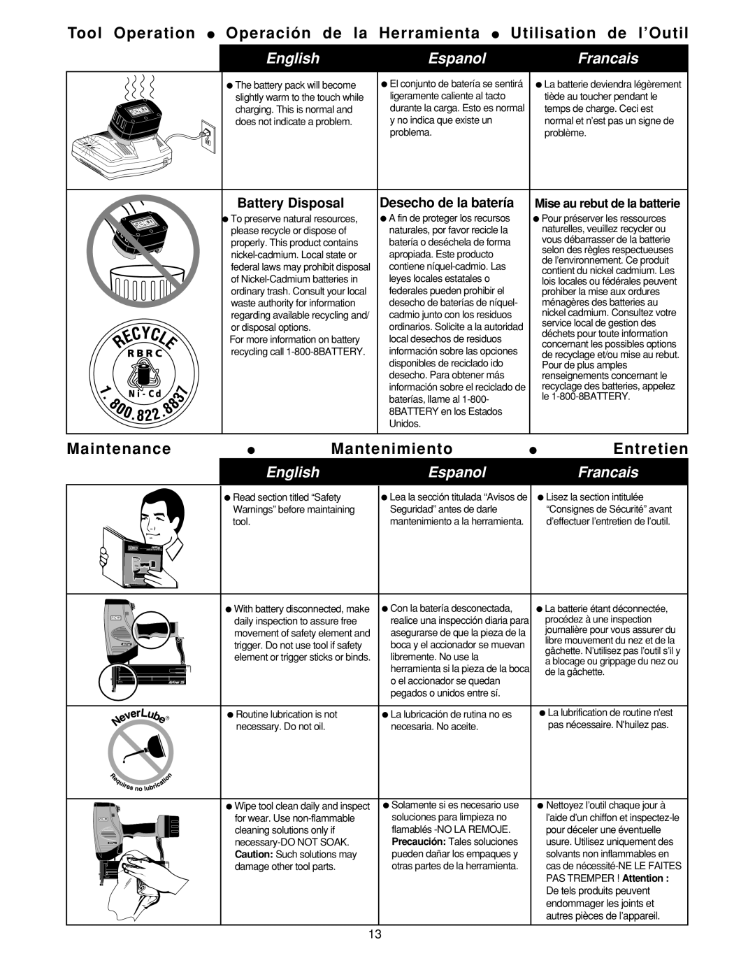 Senco AirFree 25 manual Maintenance, Mantenimiento Entretien, Battery Disposal Desecho de la batería 