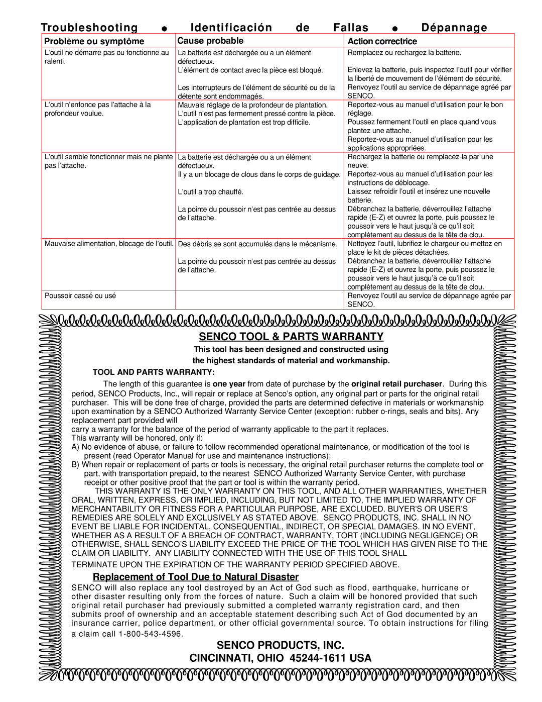 Senco AirFree 25 manual Replacement of Tool Due to Natural Disaster, Problème ou symptôme Cause probable 