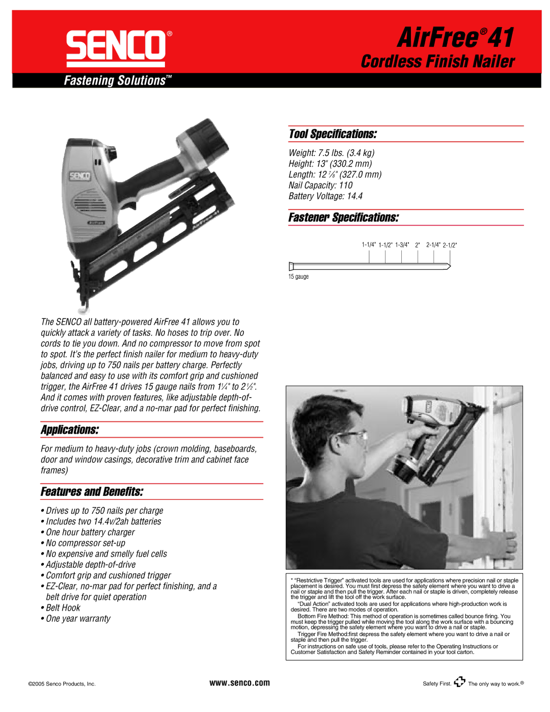 Senco AirFree 41 specifications AirFree41, Cordless Finish Nailer, Fastening Solutions 