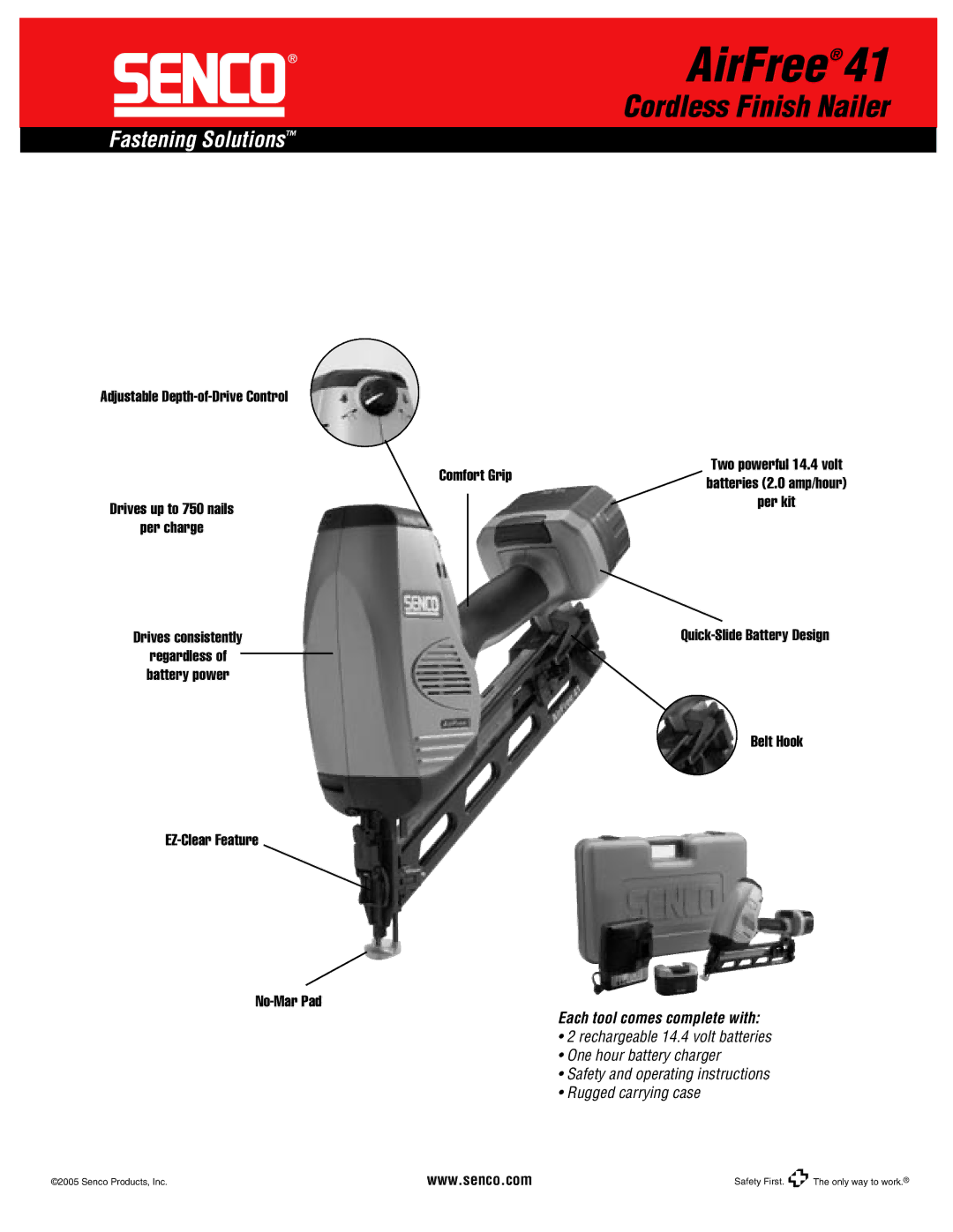 Senco AirFree 41 specifications Adjustable Depth-of-Drive Control Comfort Grip, Belt Hook, EZ-Clear Feature No-Mar Pad 