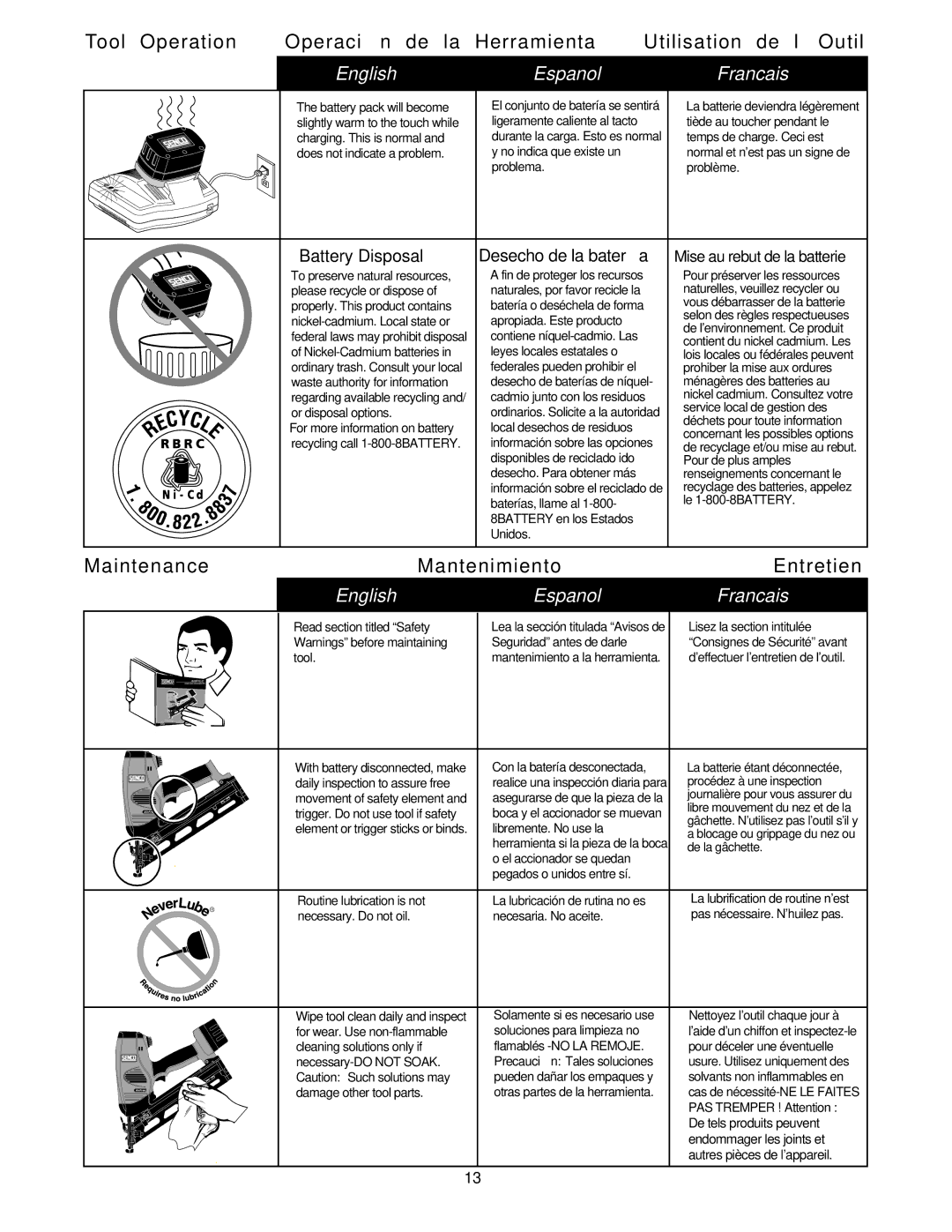 Senco AirFreeTM 41 operating instructions Maintenance, Mantenimiento Entretien, Battery Disposal Desecho de la batería 