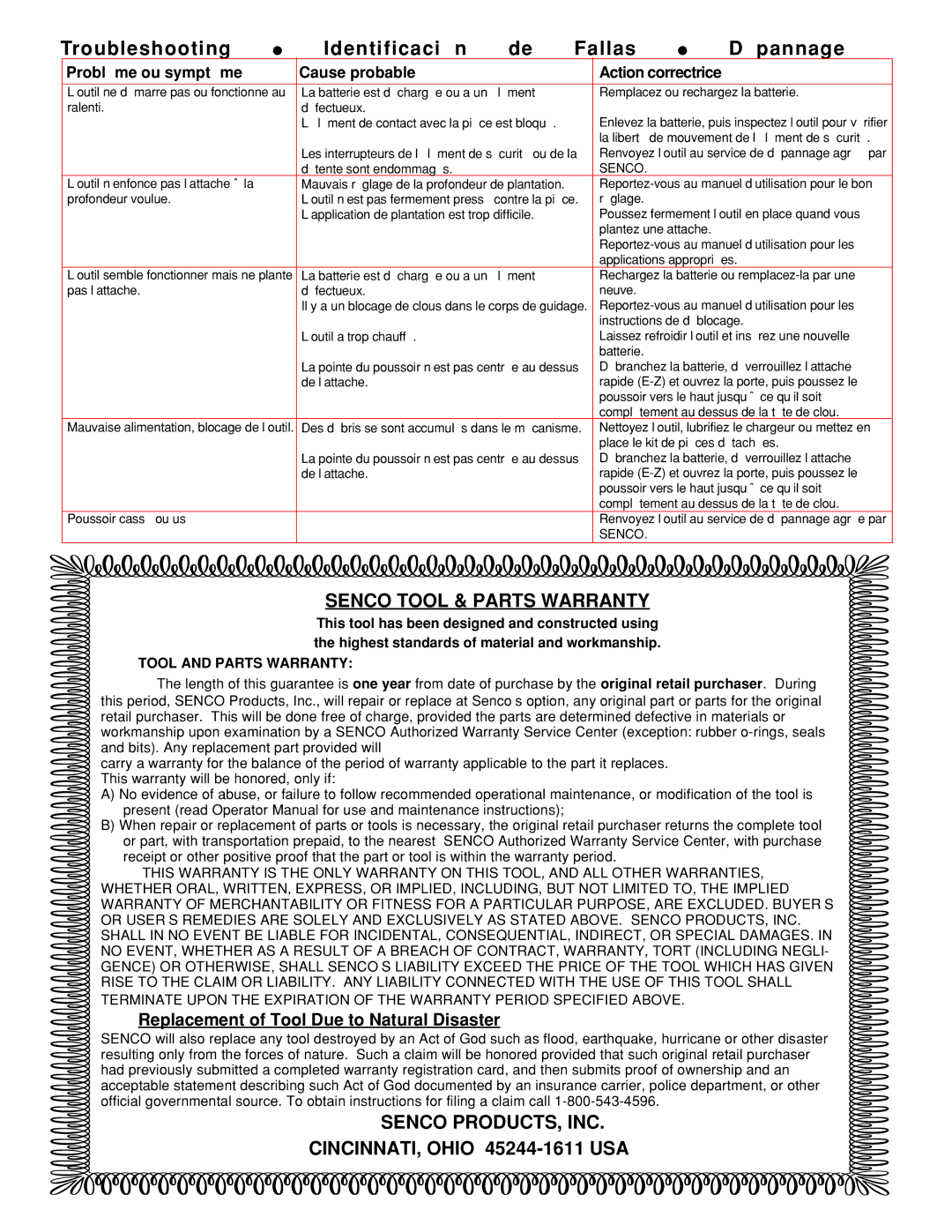 Senco AirFreeTM 41 Replacement of Tool Due to Natural Disaster, Problème ou symptôme Cause probable, Action correctrice 