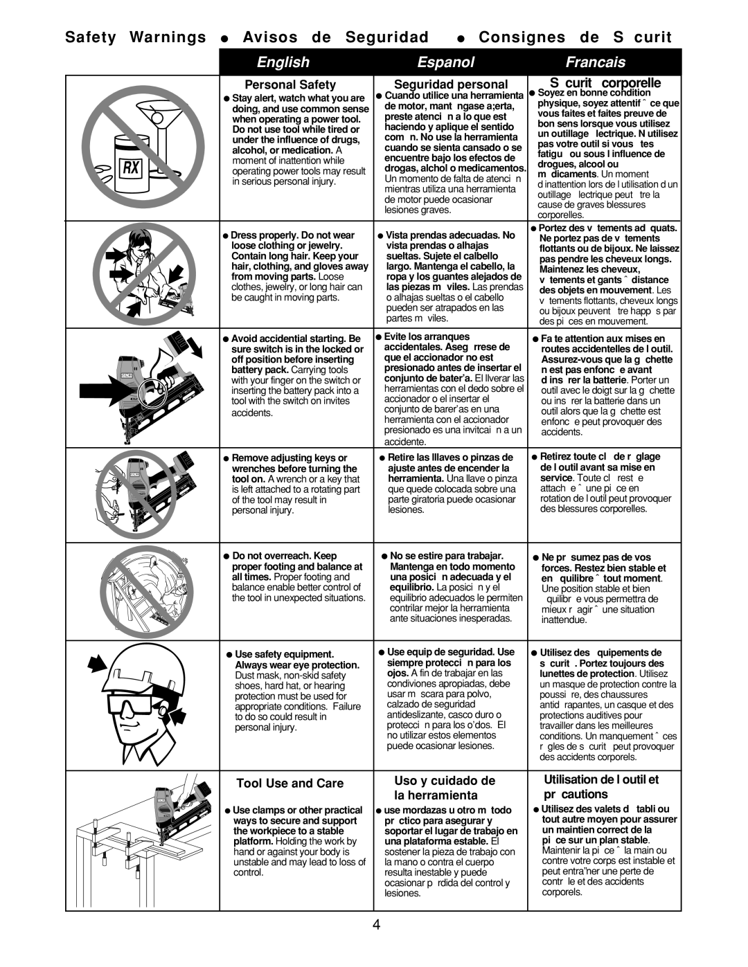 Senco AirFreeTM 41 operating instructions Sécurité corporelle, Personal Safety Seguridad personal 