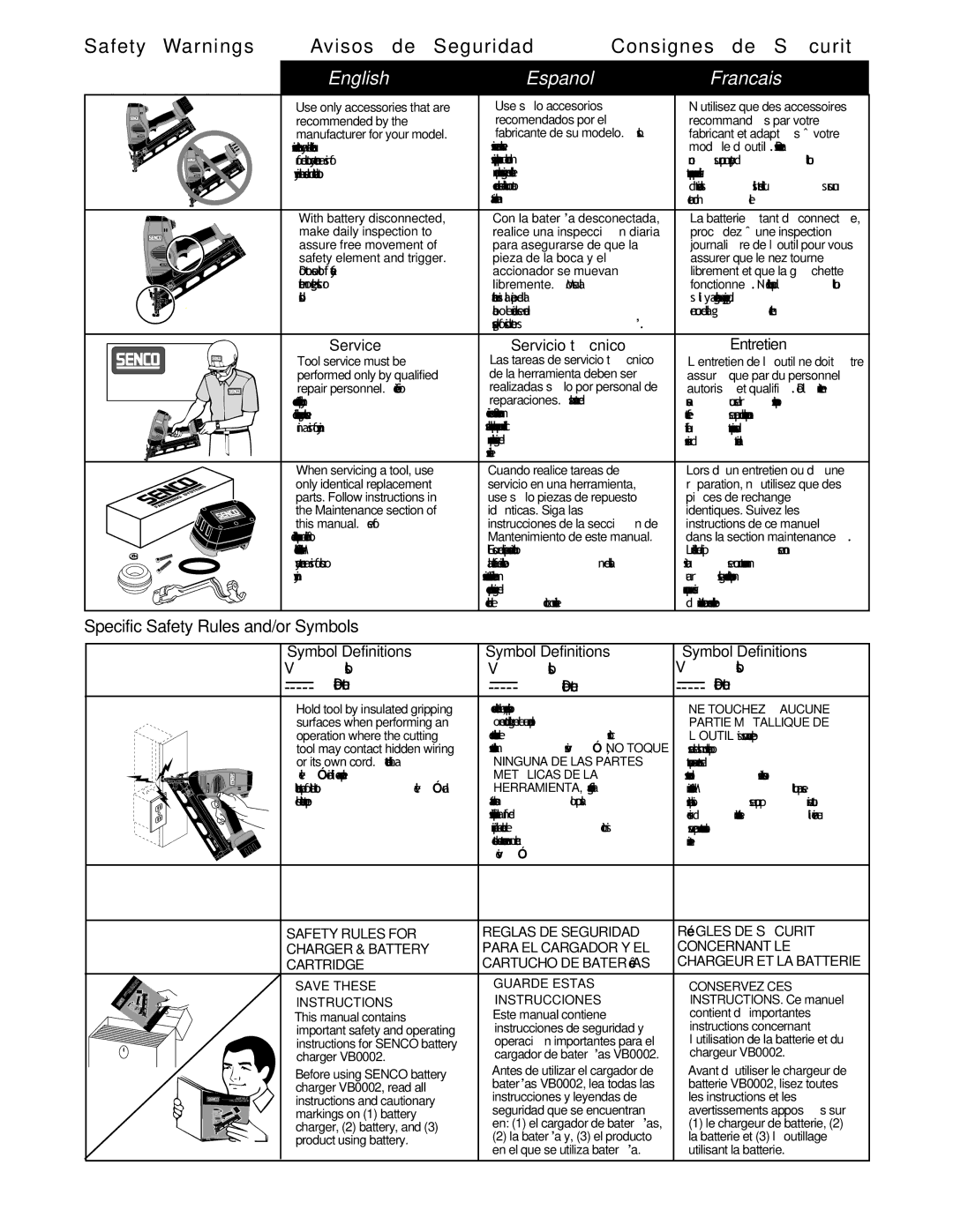 Senco AirFreeTM 41 Specific Safety Rules and/or Symbols, Service Servicio técnico, Symbol Definitions, Entretien 