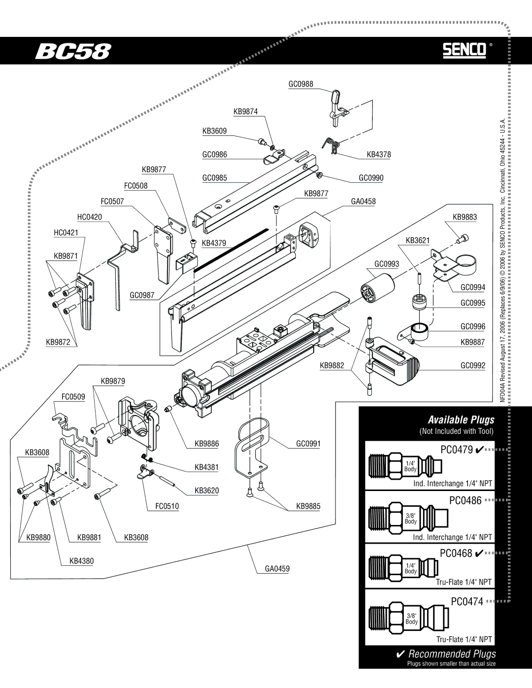 Senco BC58 manual Available Plugs 