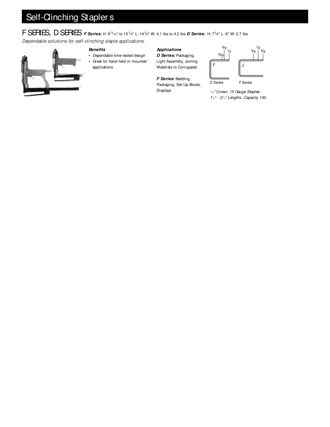 Senco F manual Self-Clinching Staplers, Dependable solutions for self-clinching staple applications, Benefits Applications 