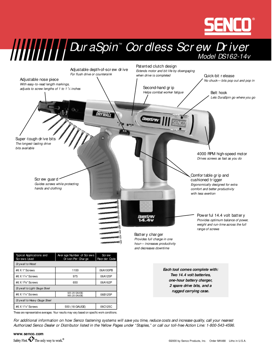 Senco DS162-14v Adjustable depth-of-screw drive, Adjustable nose piece Patented clutch design, Super-tough drive bits 