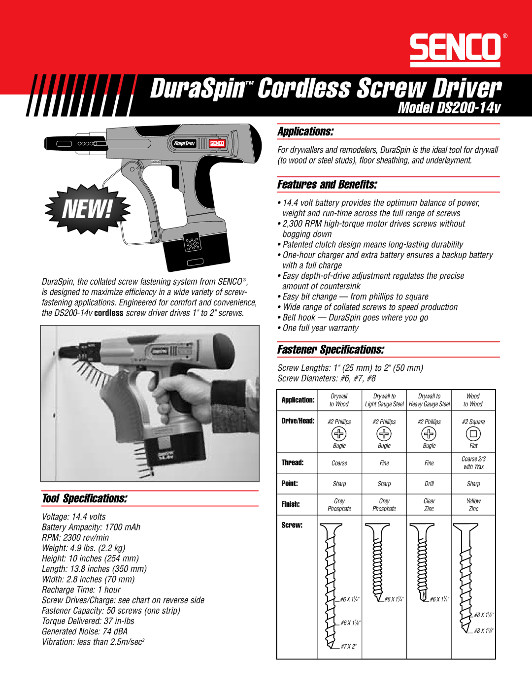 Senco DS200-14v specifications Tool Specifications, Applications, Features and Benefits, Fastener Specifications 