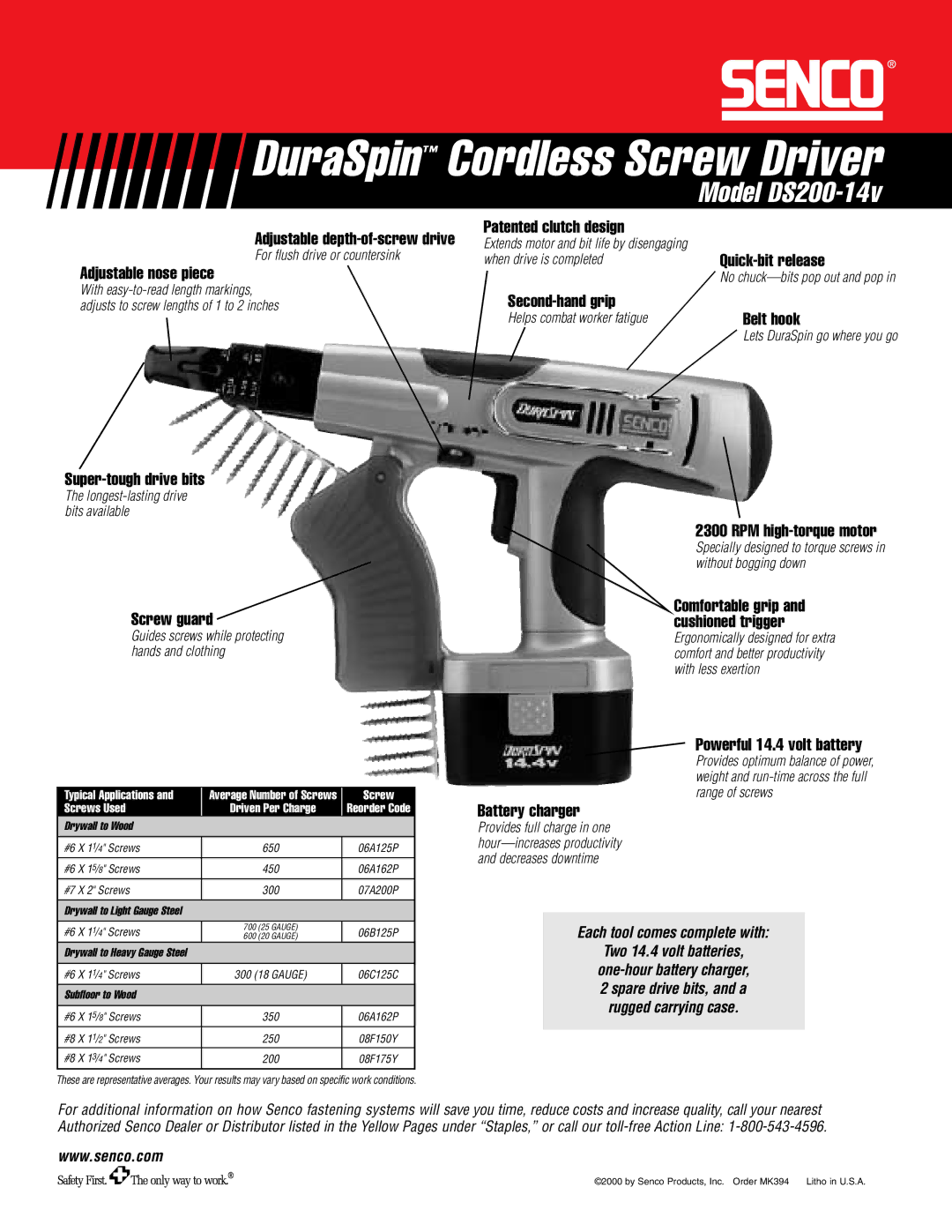 Senco DS200-14v Adjustable depth-of-screw drive, Adjustable nose piece Patented clutch design, Quick-bit release 