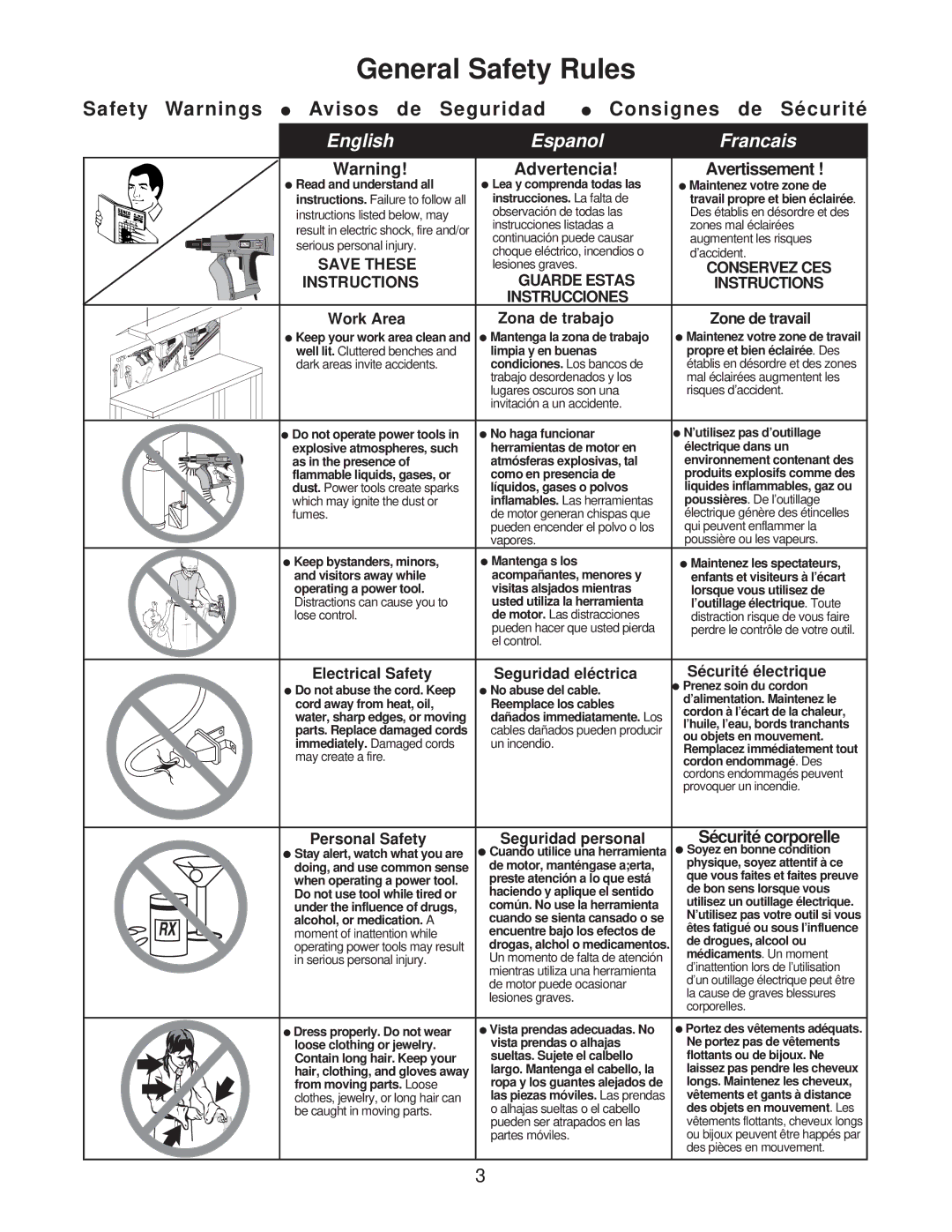 Senco DS200-AC manual Safety Warnings Avisos de Seguridad Consignes de Sécurité, Work Area Zona de trabajo Zone de travail 