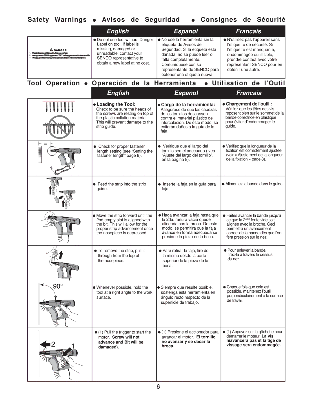 Senco DS200-AC manual Fastener length Ajuste del largo del tornillo, De travail, Motor. Screw will not 