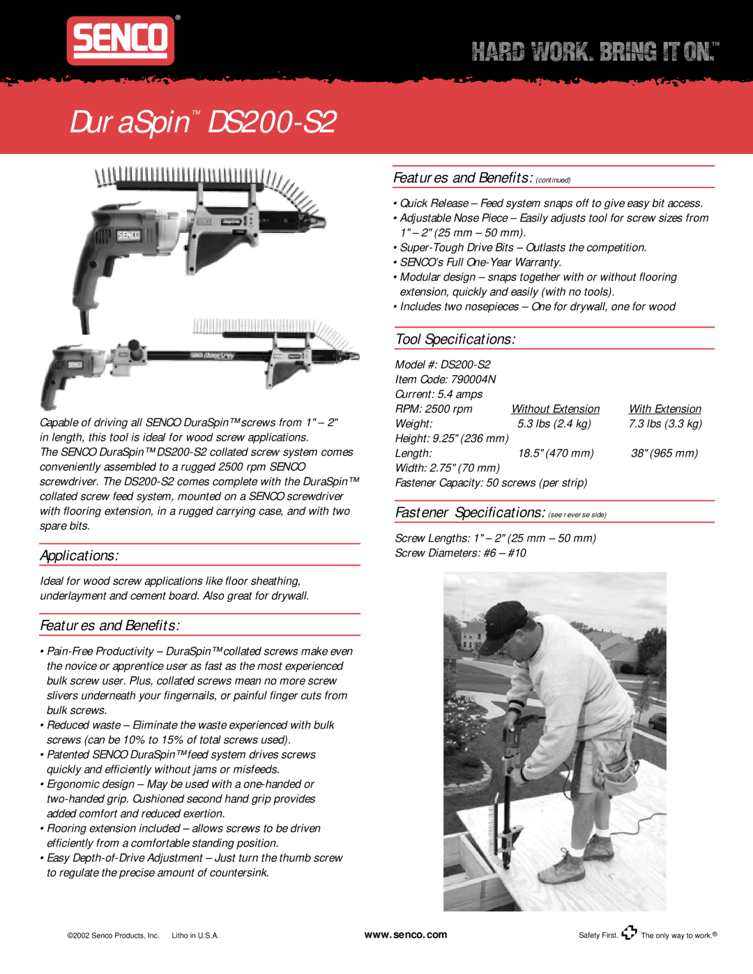 Senco specifications DuraSpin DS200-S2, Applications, Features and Beneﬁts, Tool Speciﬁcations 