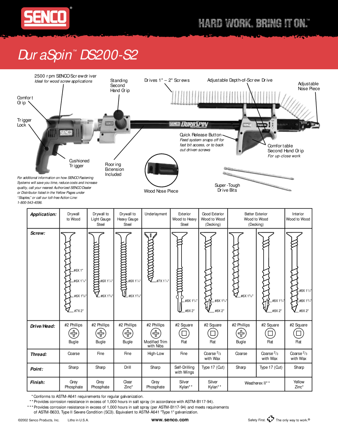 Senco DS200-S2 specifications Application, Screw, Drive/Head, Thread, Point, Finish 