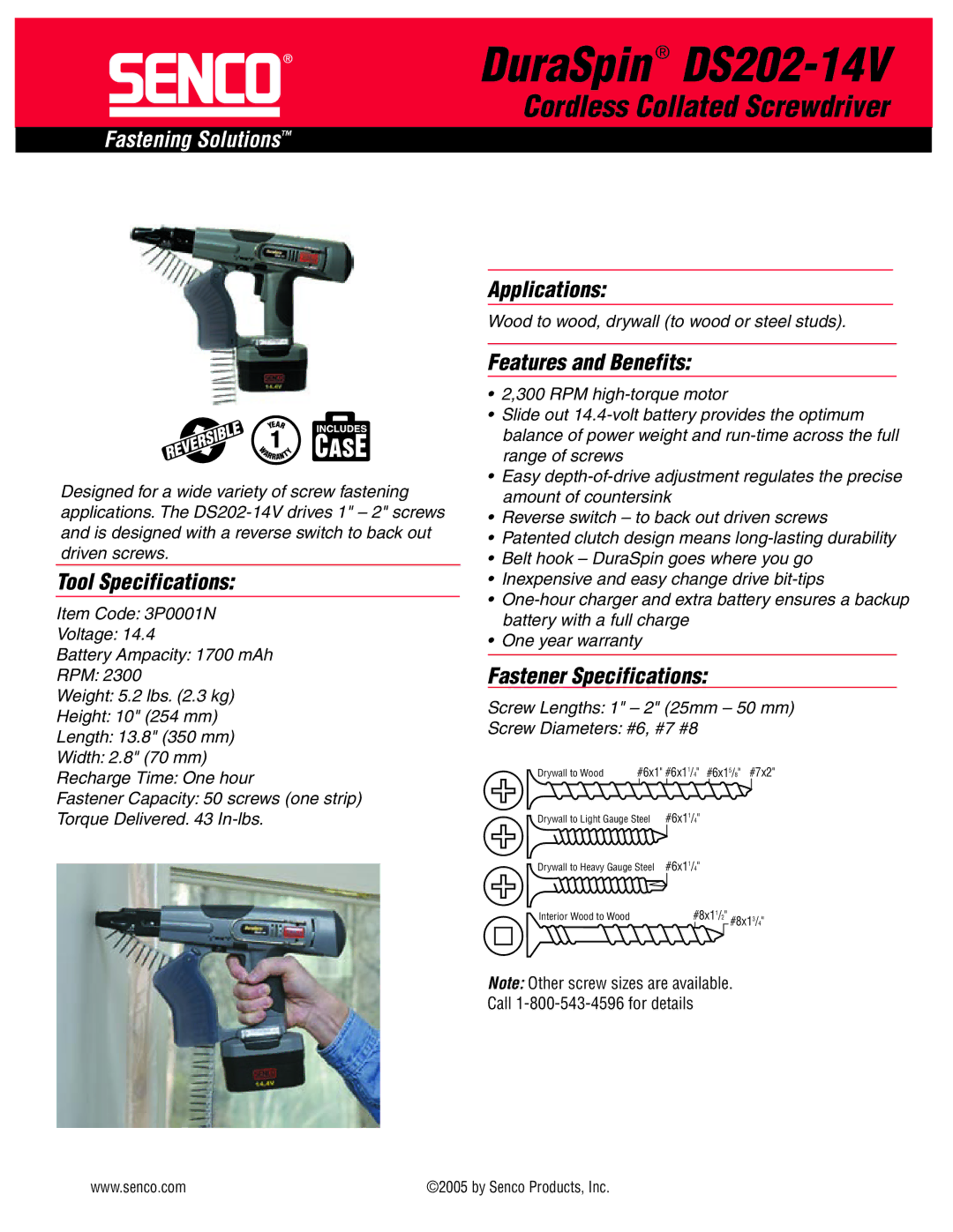 Senco specifications DuraSpin DS202-14V, Cordless Collated Screwdriver, Fastening Solutions 