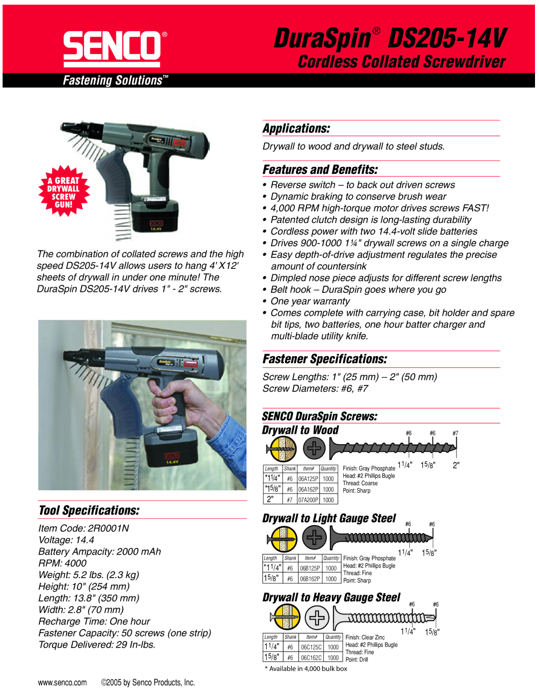 Senco DS205-14V specifications Tool Specifications, Applications, Features and Benefits, Fastener Specifications 