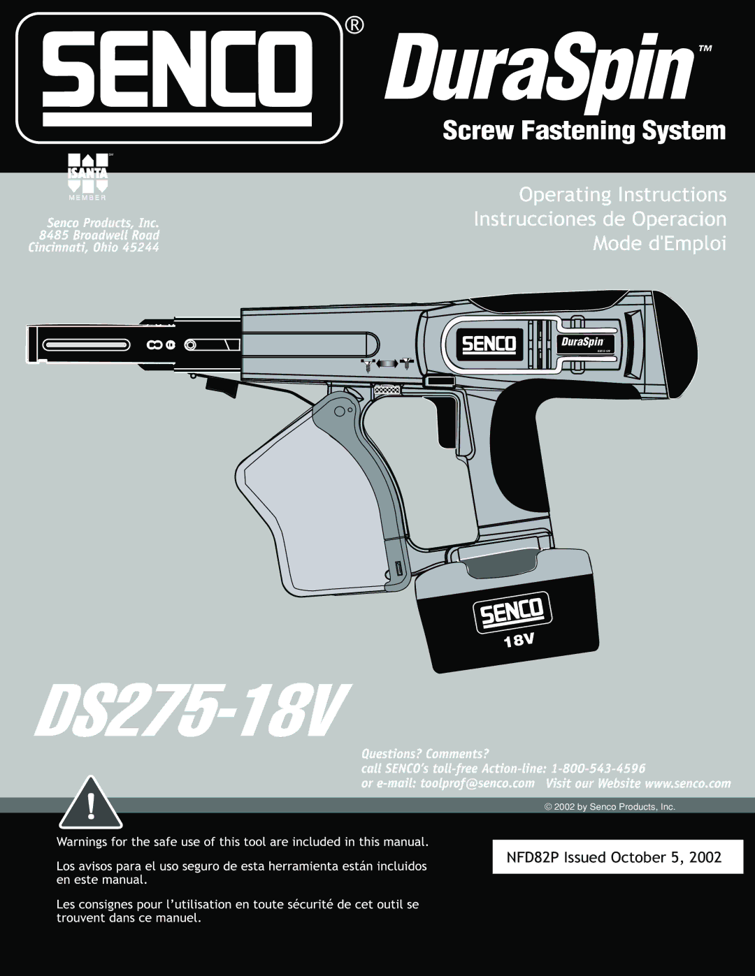 Senco DS275-18V manual DuraSpin 