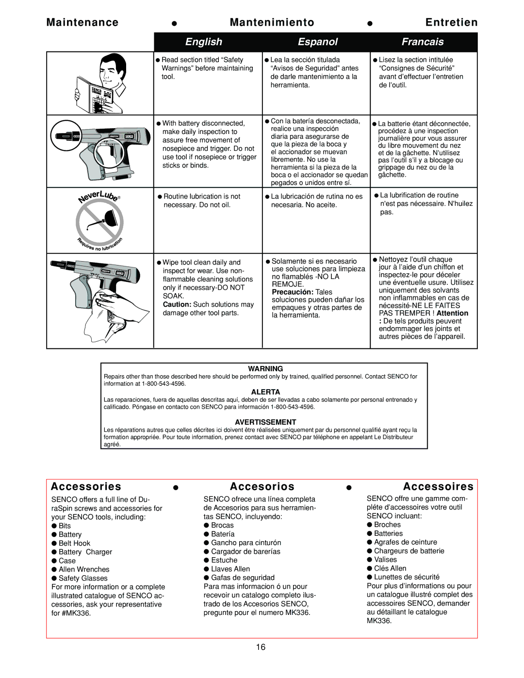 Senco DS275-18V Maintenance Mantenimiento Entretien, Accessories Accesorios Accessoires, Remoje, Precaución Tales, Soak 