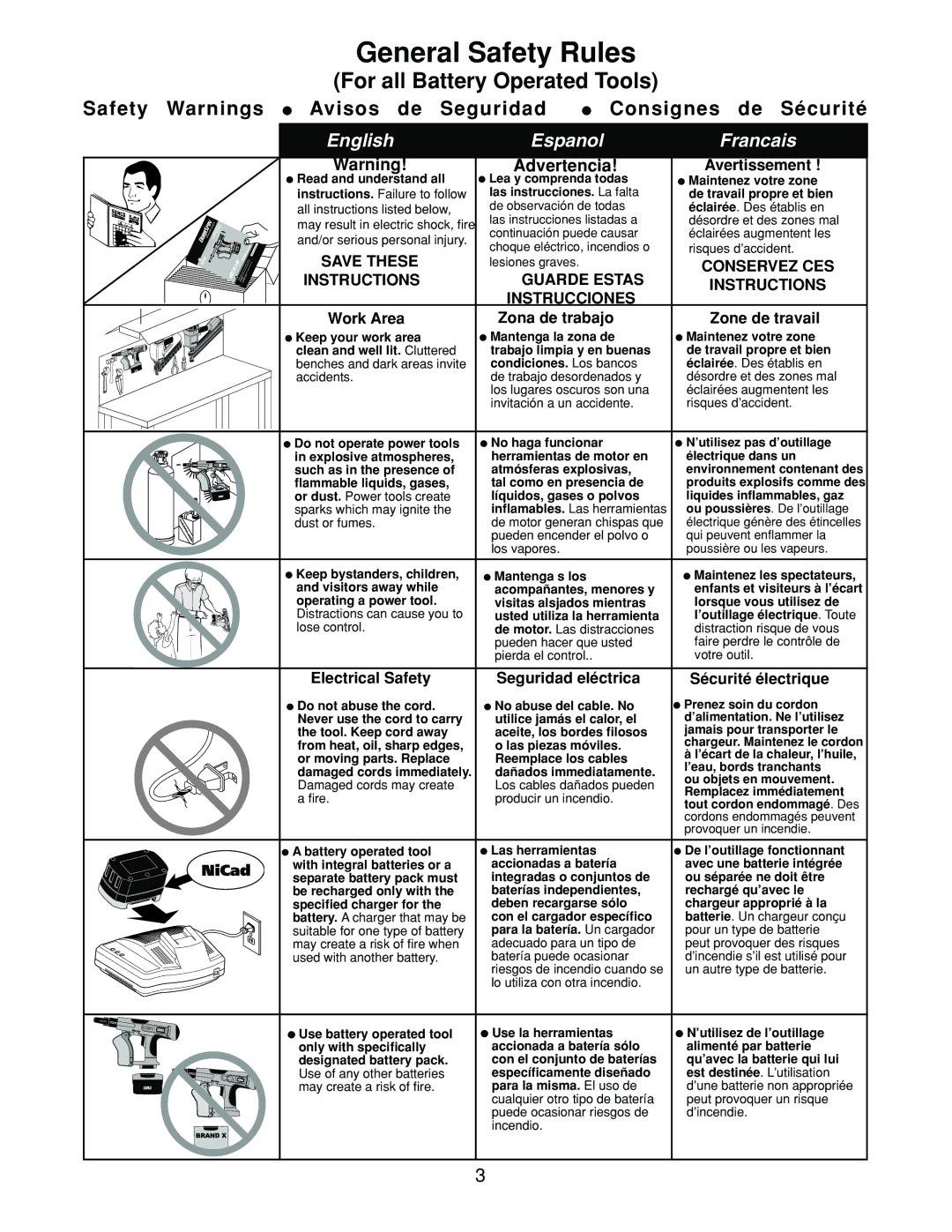 Senco DS275-18V manual Avertissement, Work Area Zona de trabajo Zone de travail, Electrical Safety, Sécurité électrique 