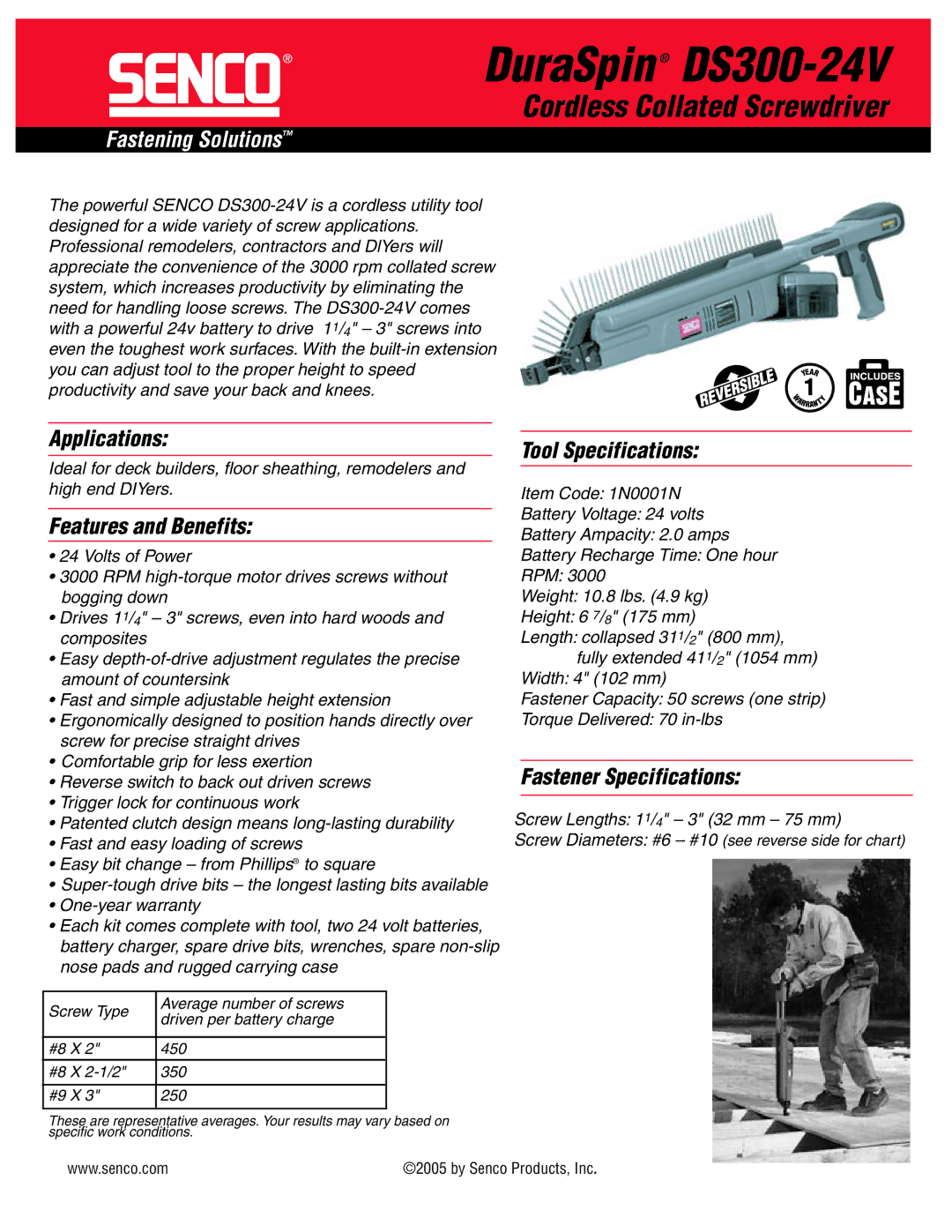 Senco specifications DuraSpin DS300-24V, Cordless Collated Screwdriver, Fastening Solutions 