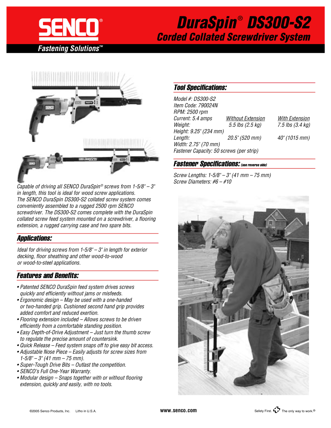 Senco DS300-S2 specifications Tool Speciﬁcations, Fastener Speciﬁcations see reverse side, Applications 