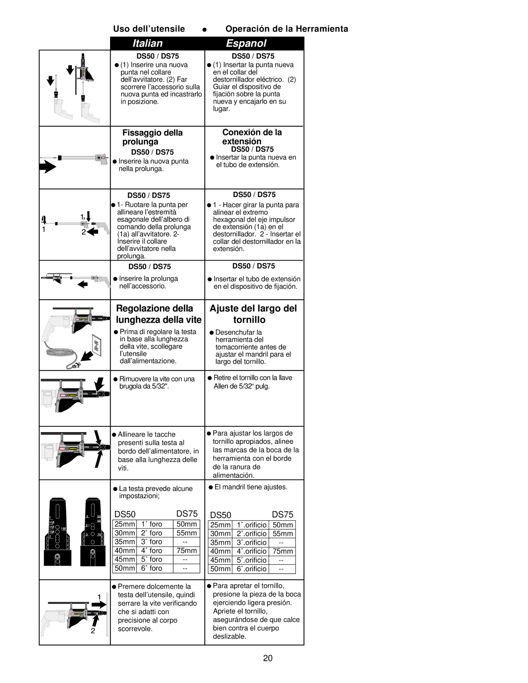 Senco DS75 operating instructions Ajuste del largo del, Lunghezza della vite Tornillo 