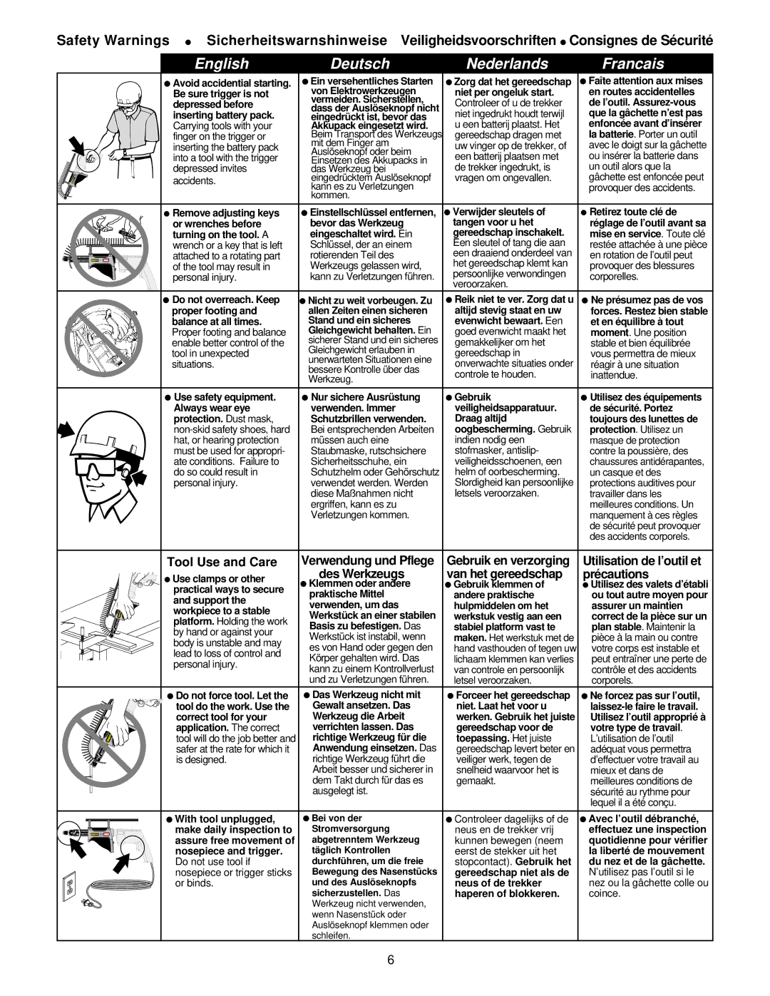 Senco DS75 operating instructions Tool Use and Care, Des Werkzeugs Van het gereedschap Pré cautions 