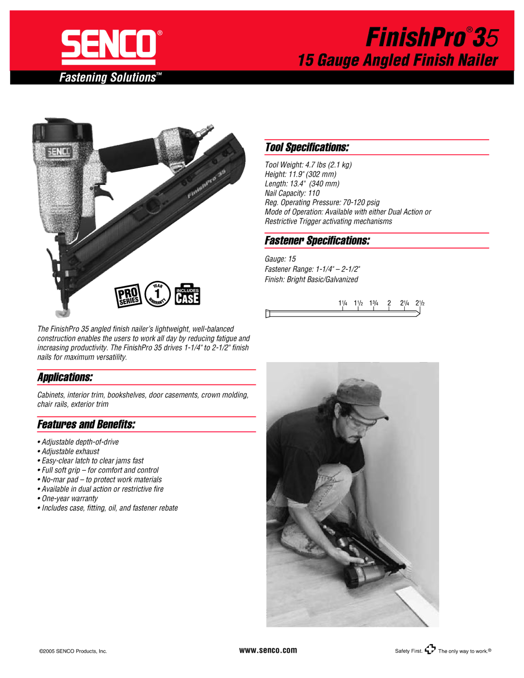 Senco FinishPro 35 specifications Tool Speciﬁcations, Fastener Speciﬁcations, Applications, Features and Beneﬁts 