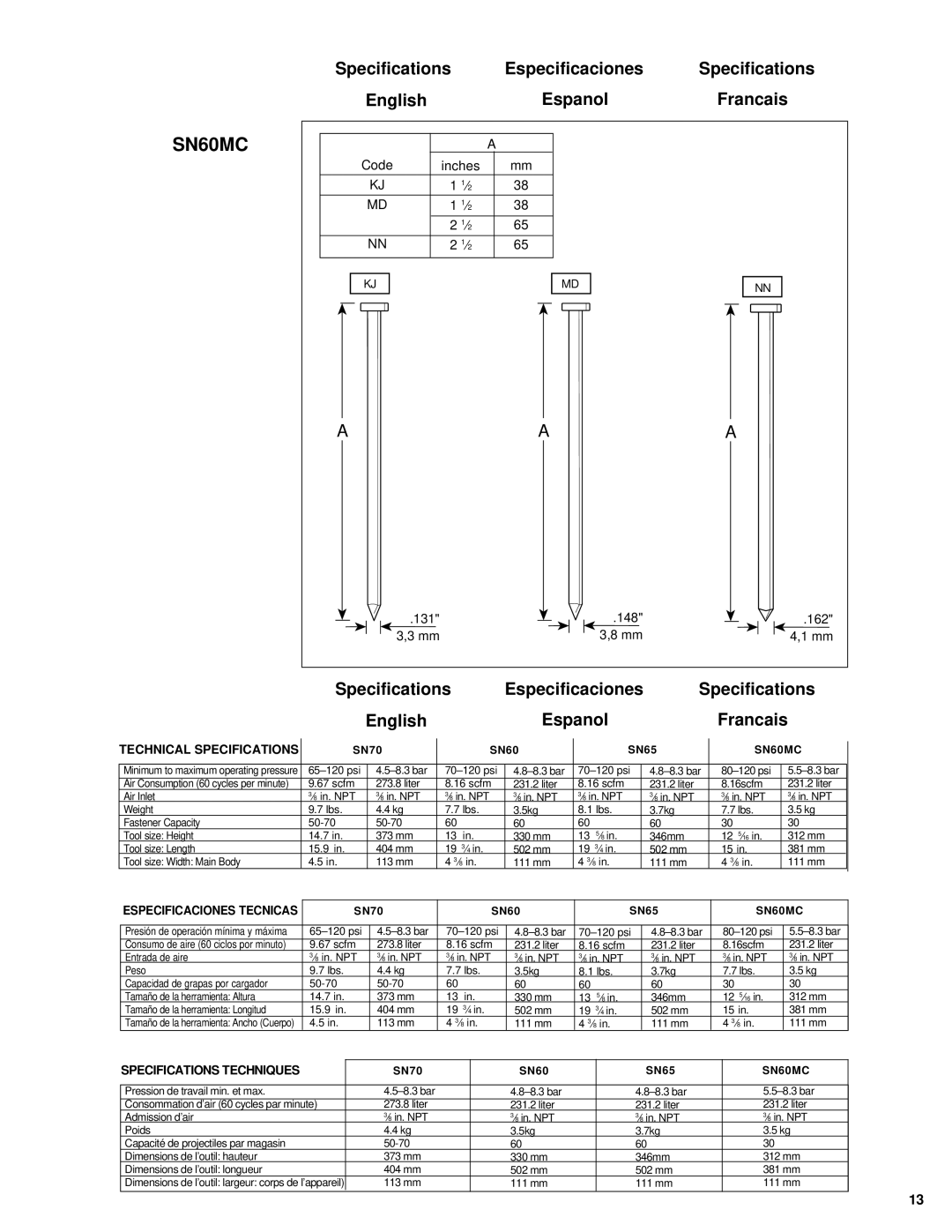 Senco FramePro 600 manual Specifications Especificaciones 