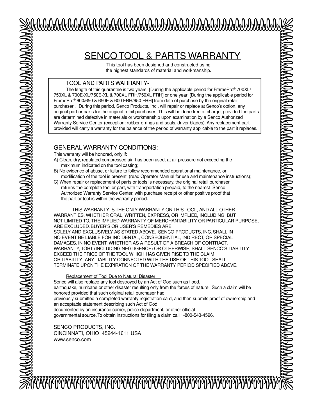 Senco FramePro 600 manual Senco Tool & Parts Warranty 