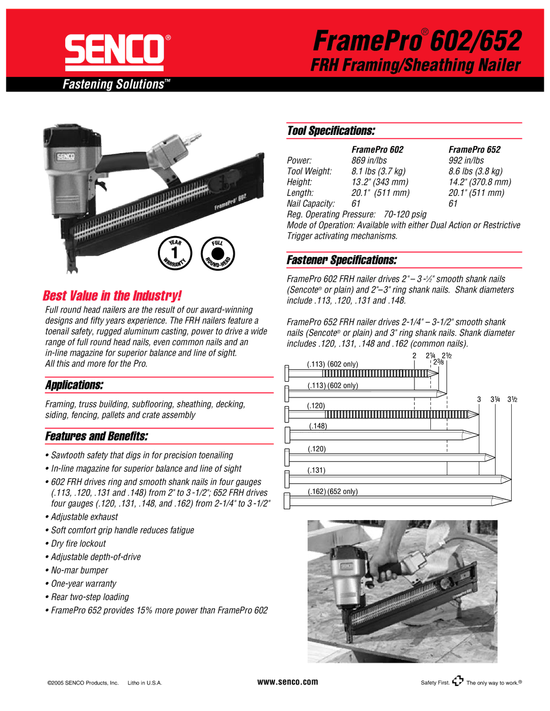 Senco FramePro 602, FramePro 652 specifications FramePro602/652, FRH Framing/Sheathing Nailer, Best Value in the Industry 