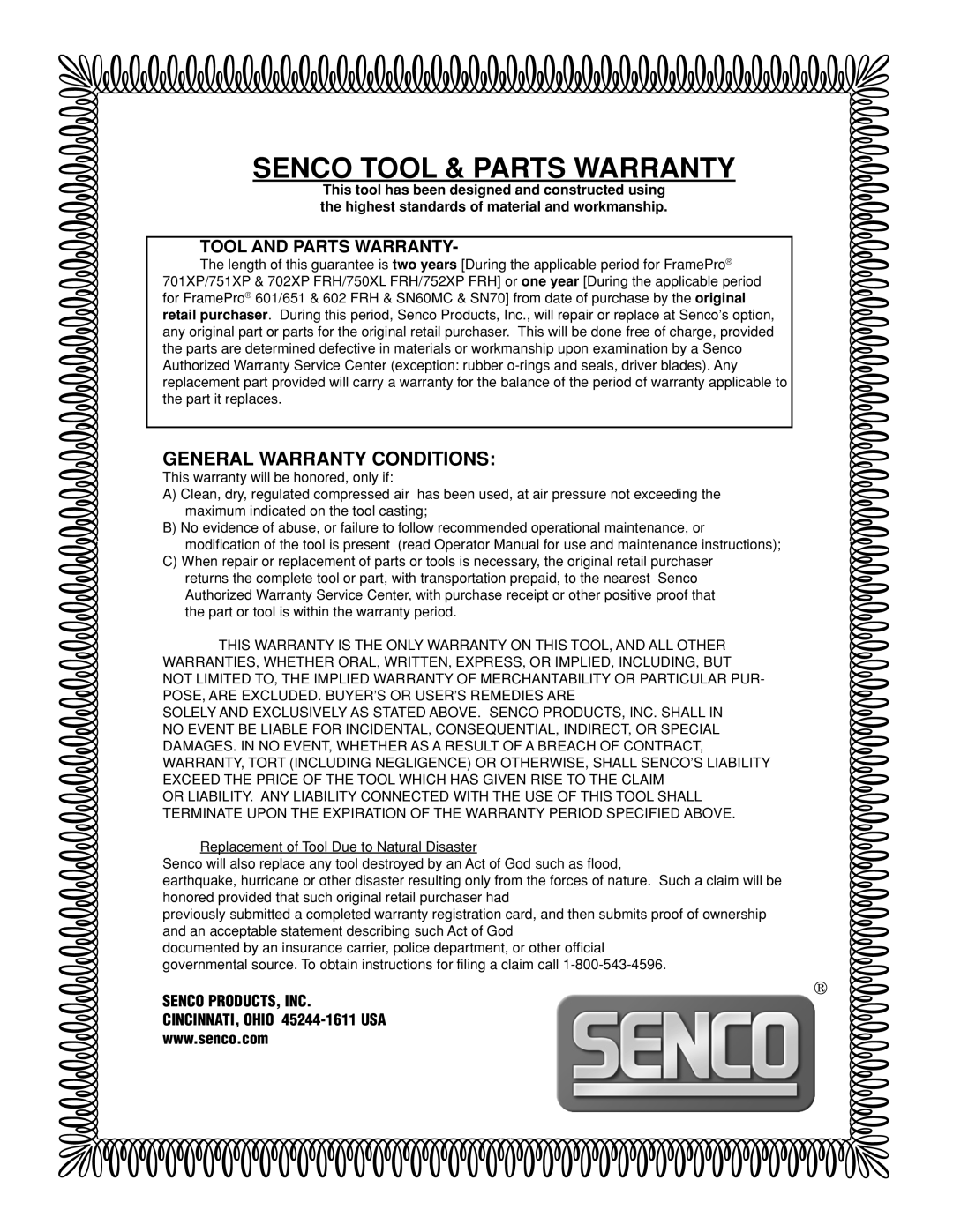 Senco FramePro 702XP manual Senco Tool & Parts Warranty 