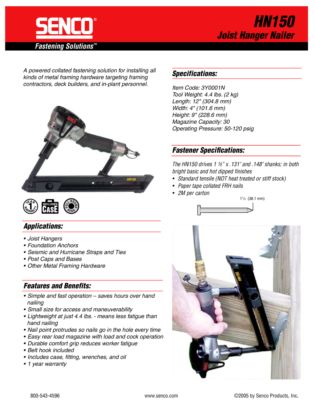 Senco HN150 specifications Joist Hanger Nailer, Fastening Solutions 