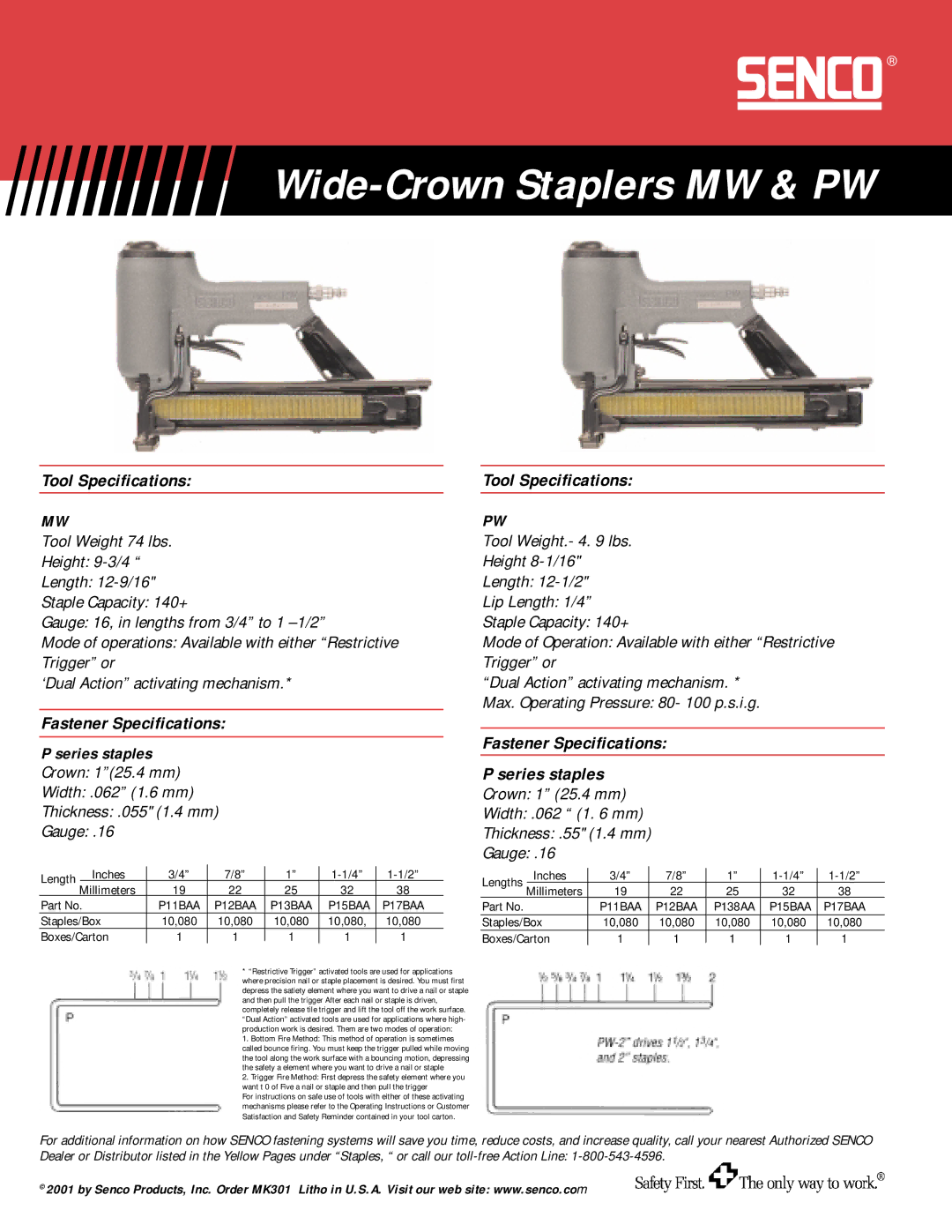 Senco MW manual Tool Specifications, Fastener Specifications Series staples 