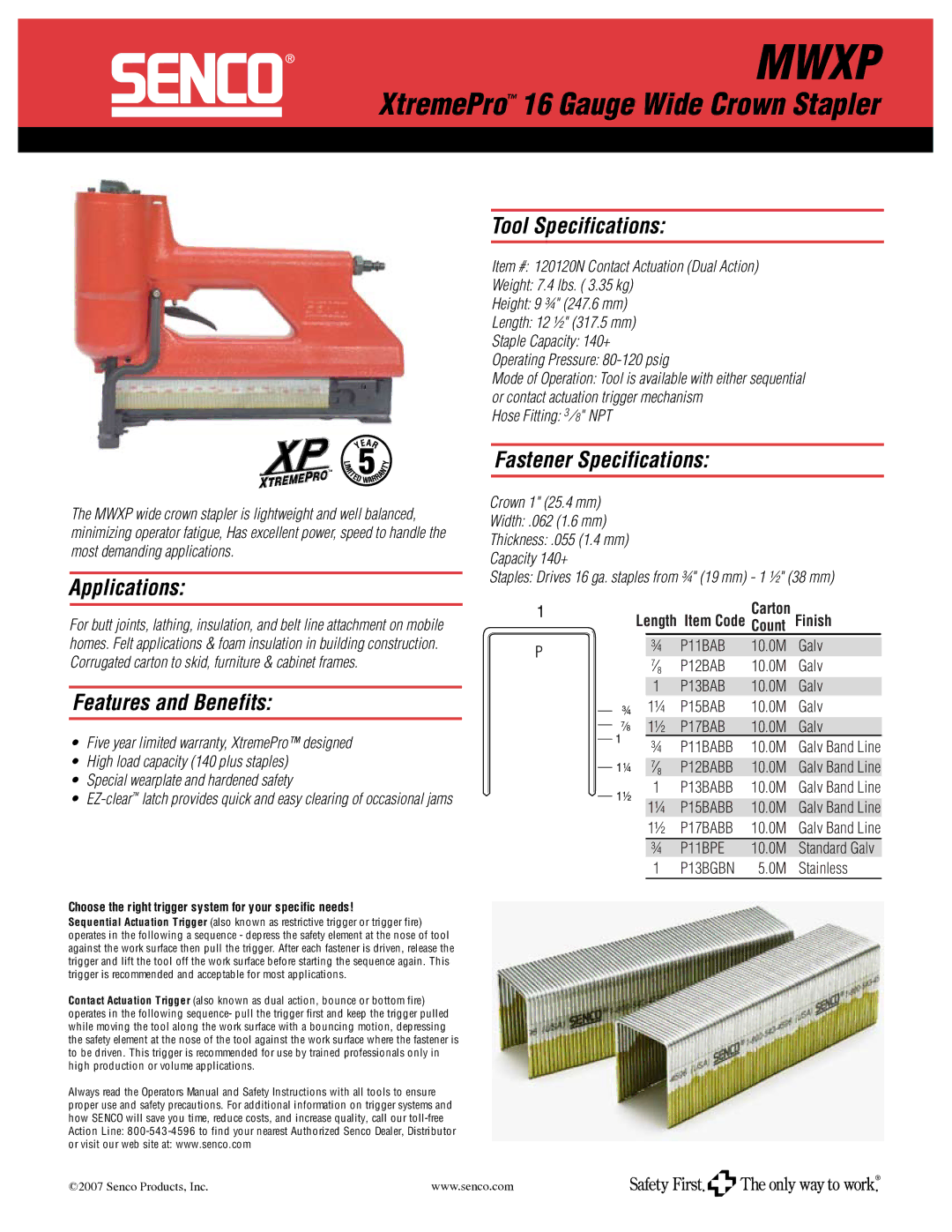 Senco MWXP specifications Mwxp, XtremePro 16 Gauge Wide Crown Stapler 