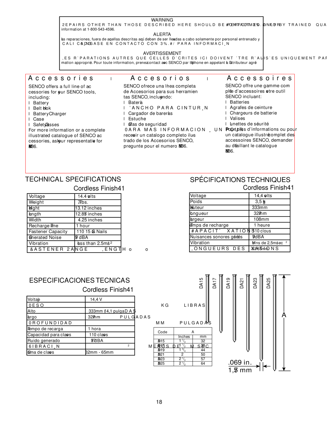 Senco Nail Gun C e s s o r i e s C e s o r i o s C e s s o i r e s, Cordless Finish41, Alerta, Avertissement 