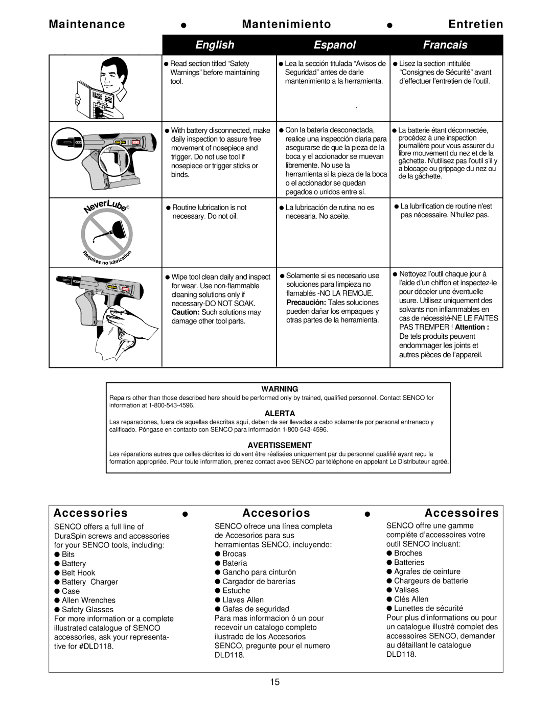 Senco NFD880 operating instructions Maintenance Mantenimiento Entretien 