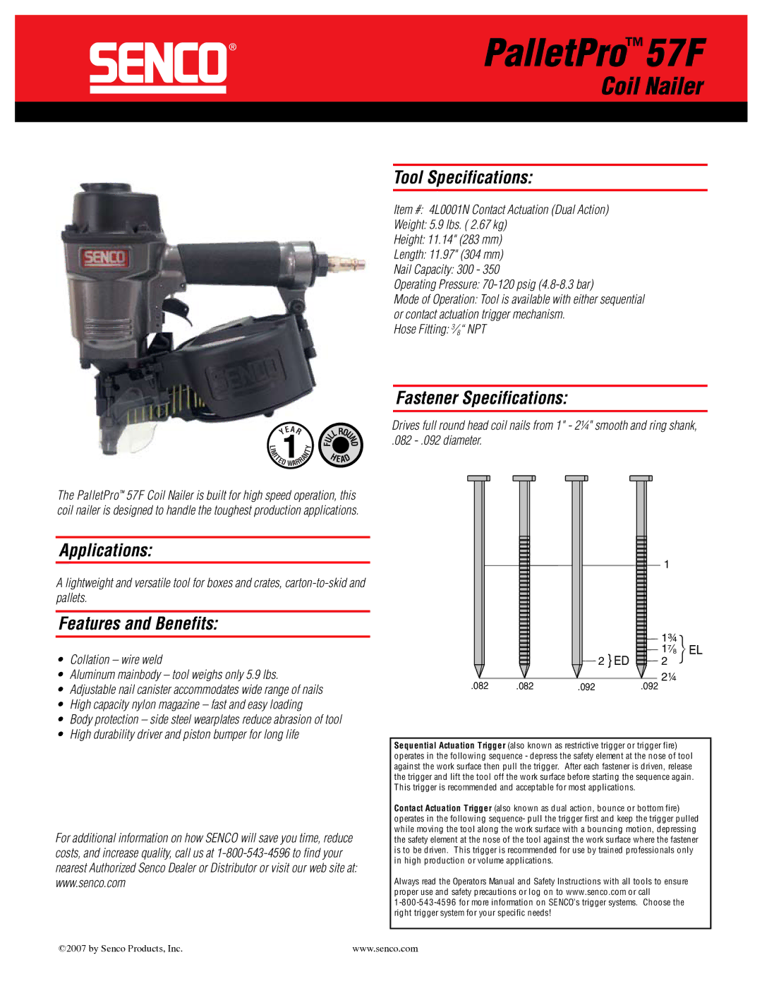 Senco PalletPro 57F specifications PalletPro57F, Coil Nailer 