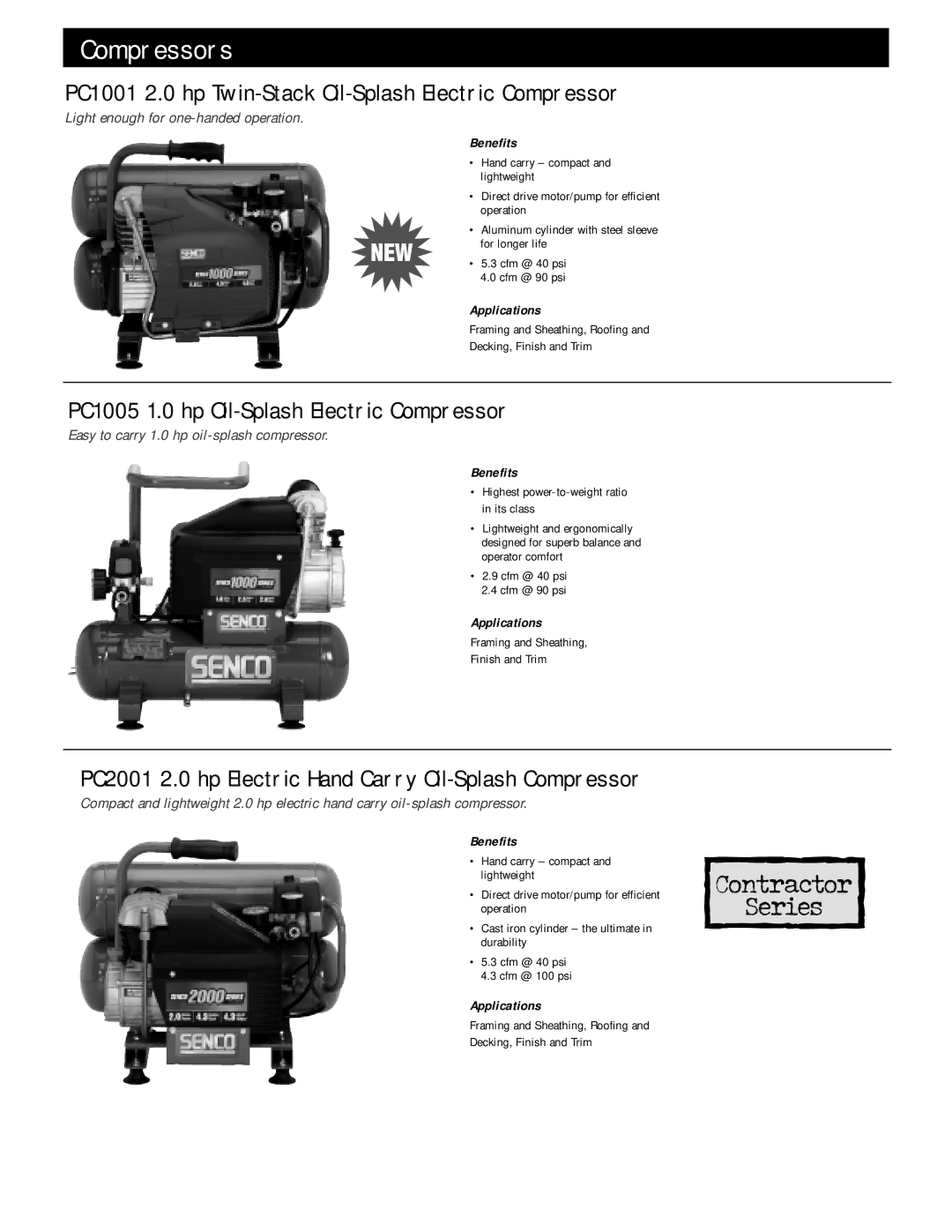 Senco PC 2001 manual Compressors, PC1001 2.0 hp Twin-Stack Oil-Splash Electric Compressor 