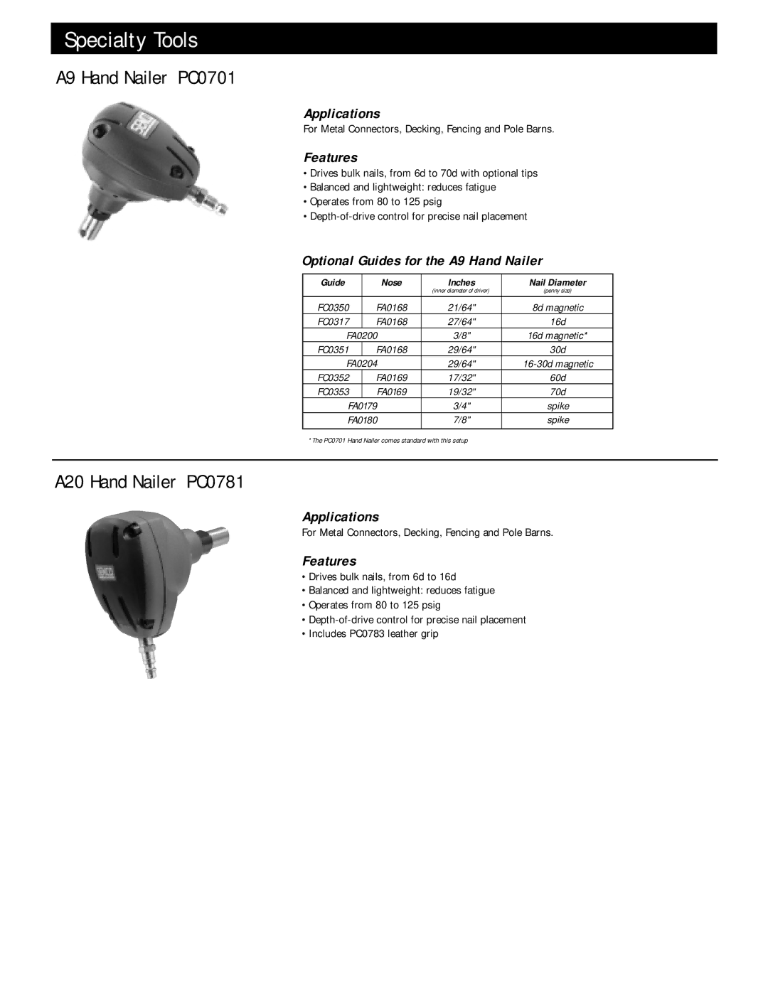 Senco manual A9 Hand Nailer PC0701, A20 Hand Nailer PC0781, Applications, Features 