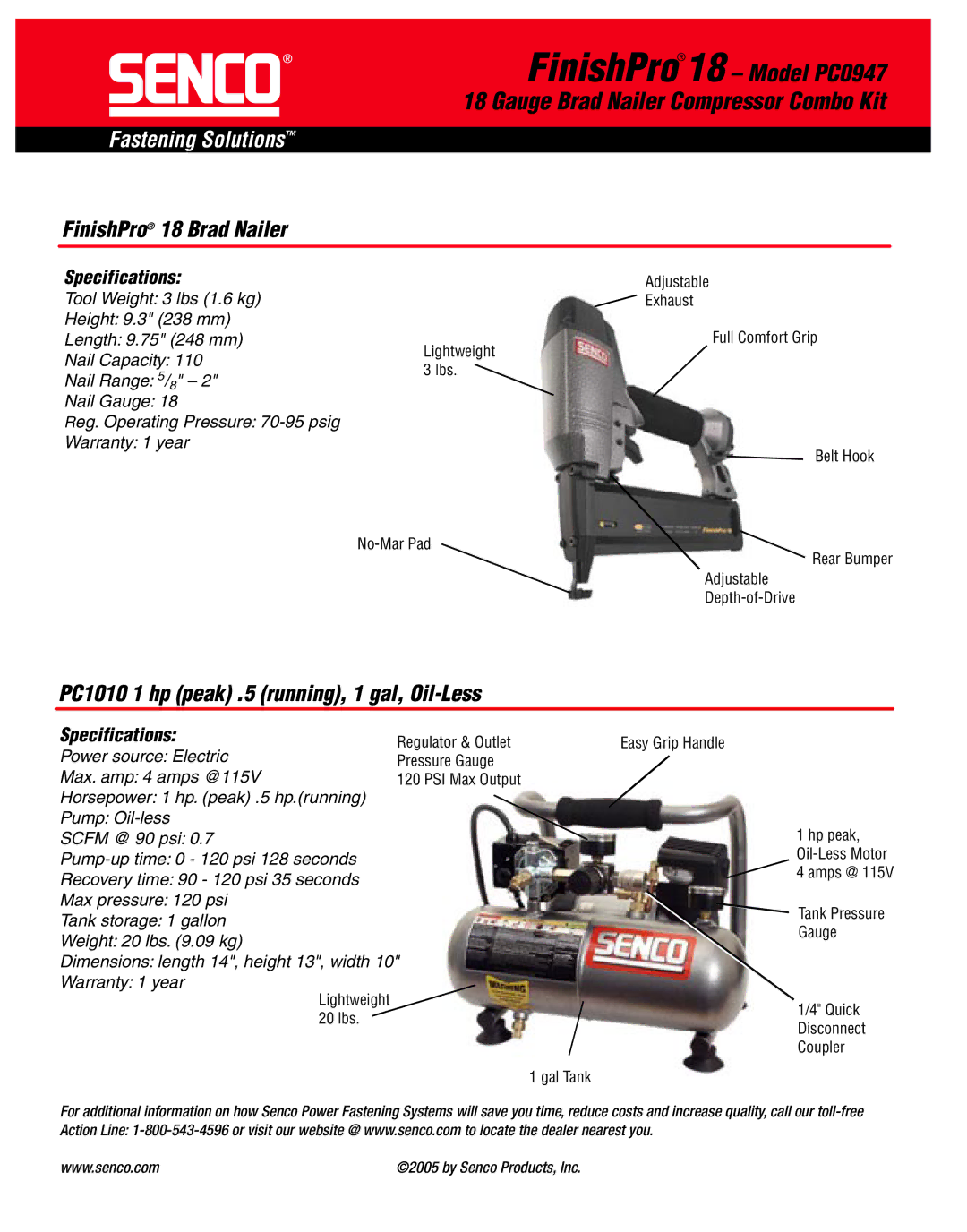 Senco PC0947 specifications FinishPro 18 Brad Nailer, PC1010 1 hp peak .5 running, 1 gal, Oil-Less 