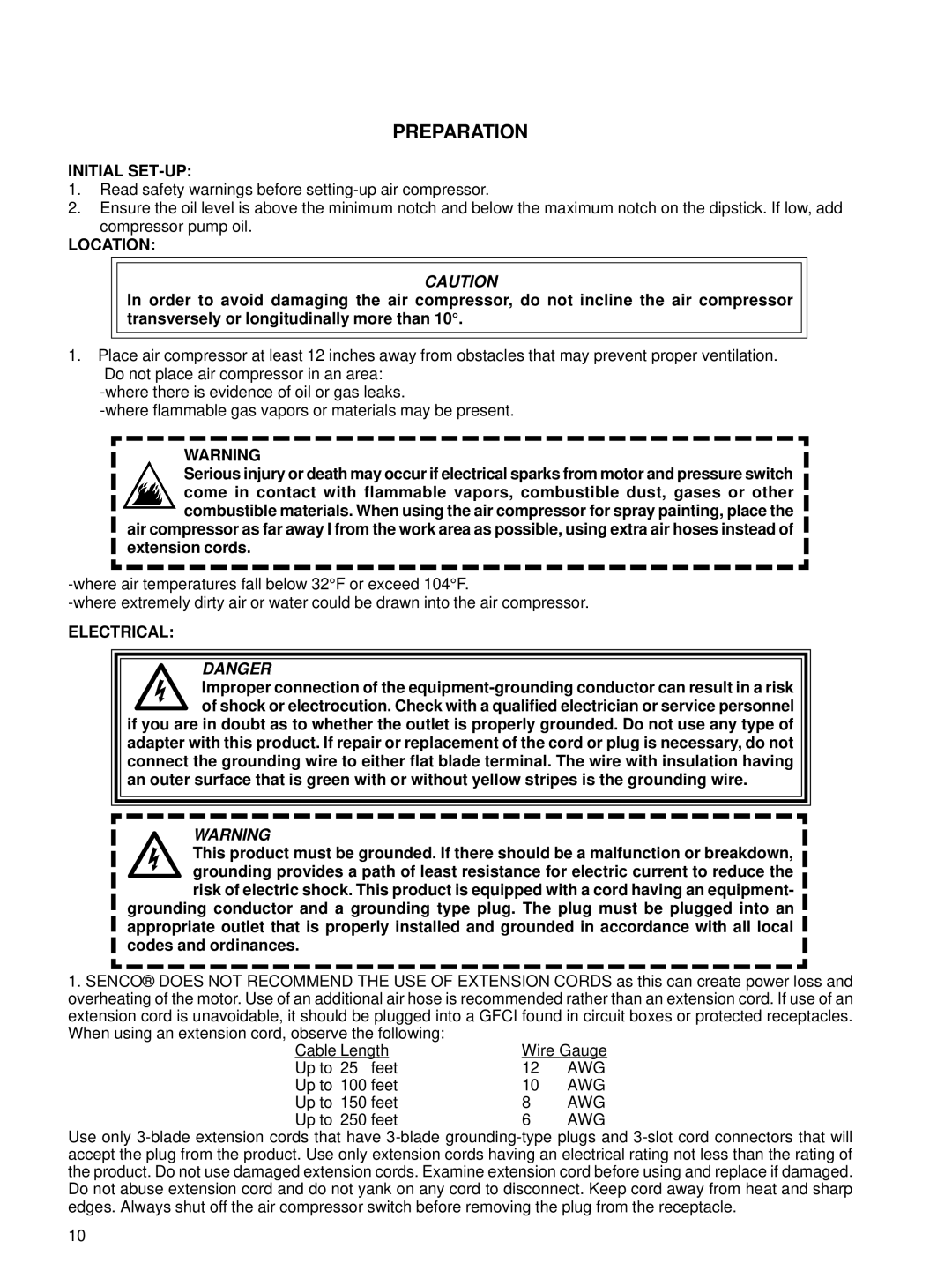 Senco PC1001 operating instructions Preparation, Initial SET-UP, Location, Electrical 