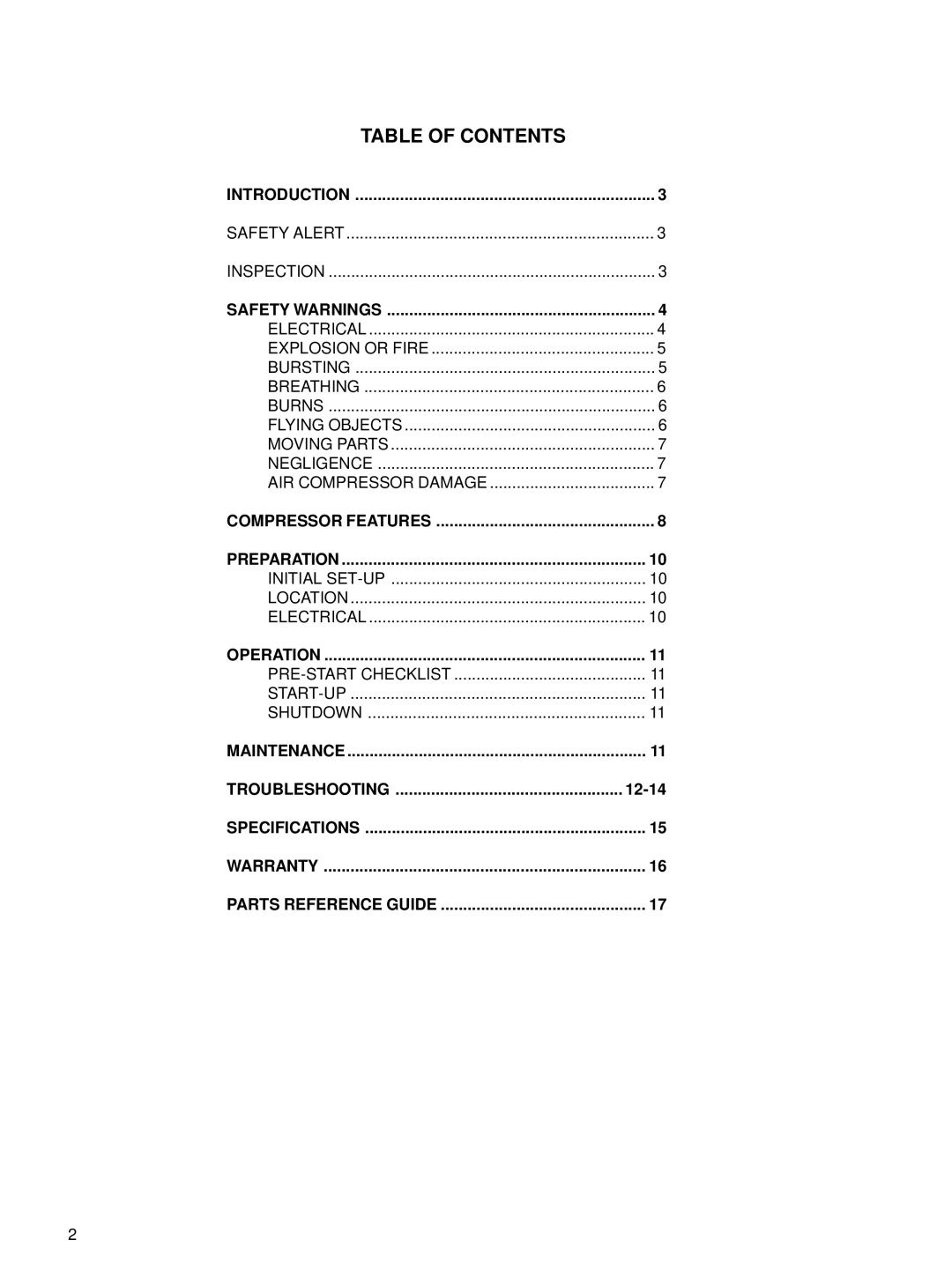 Senco PC1001 operating instructions Table of Contents 